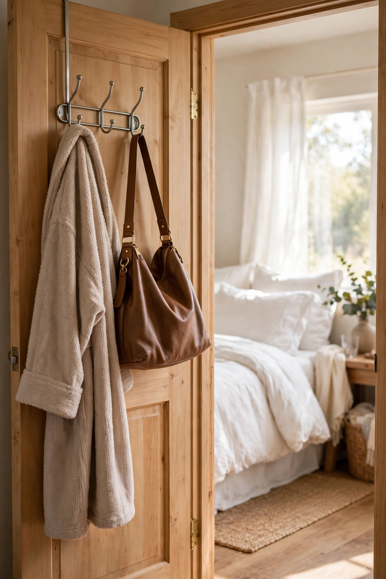 Over-the-door hooks holding a robe and bag in a bedroom