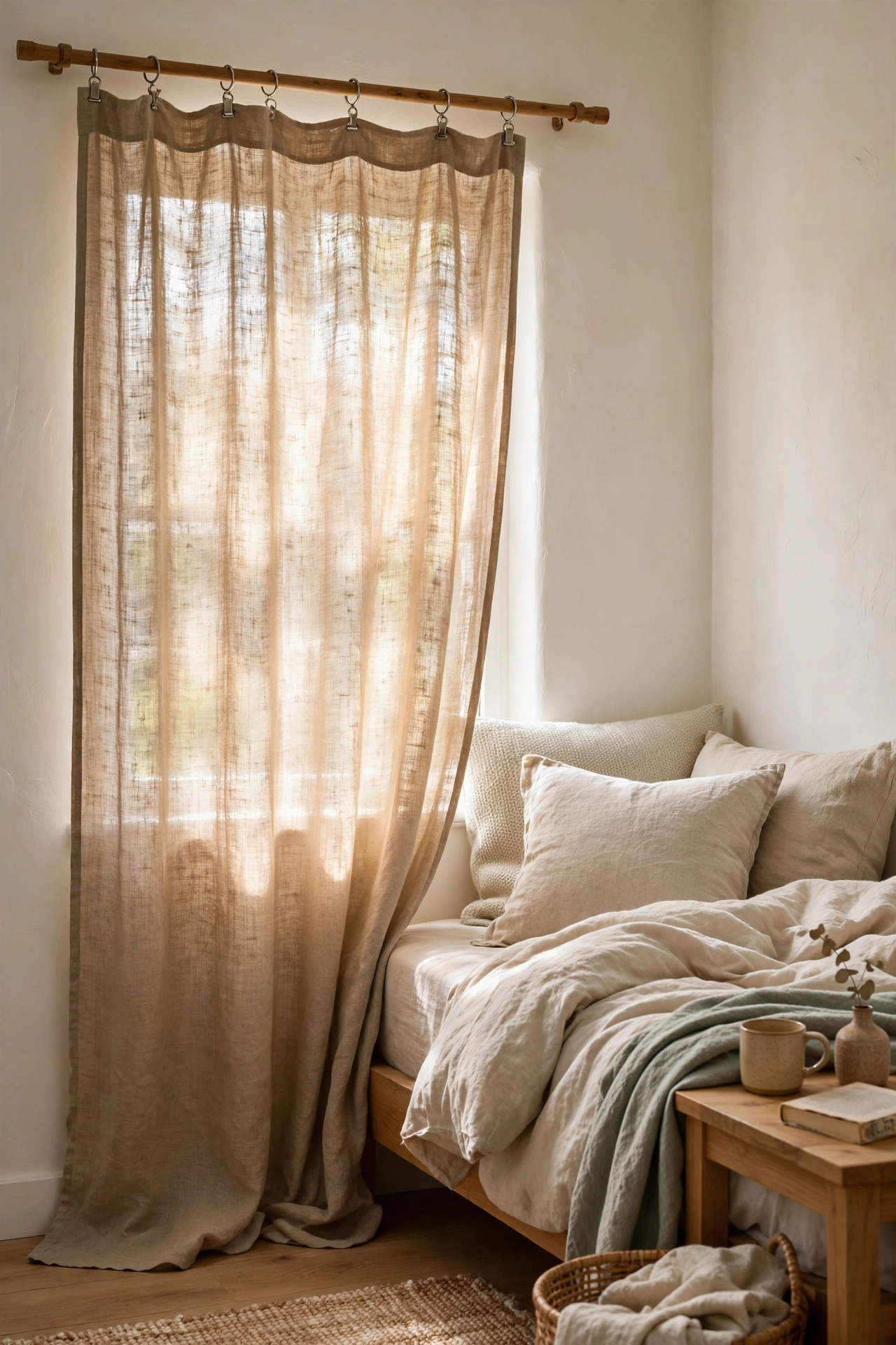 Linen-look shower curtain used as a bedroom window curtain