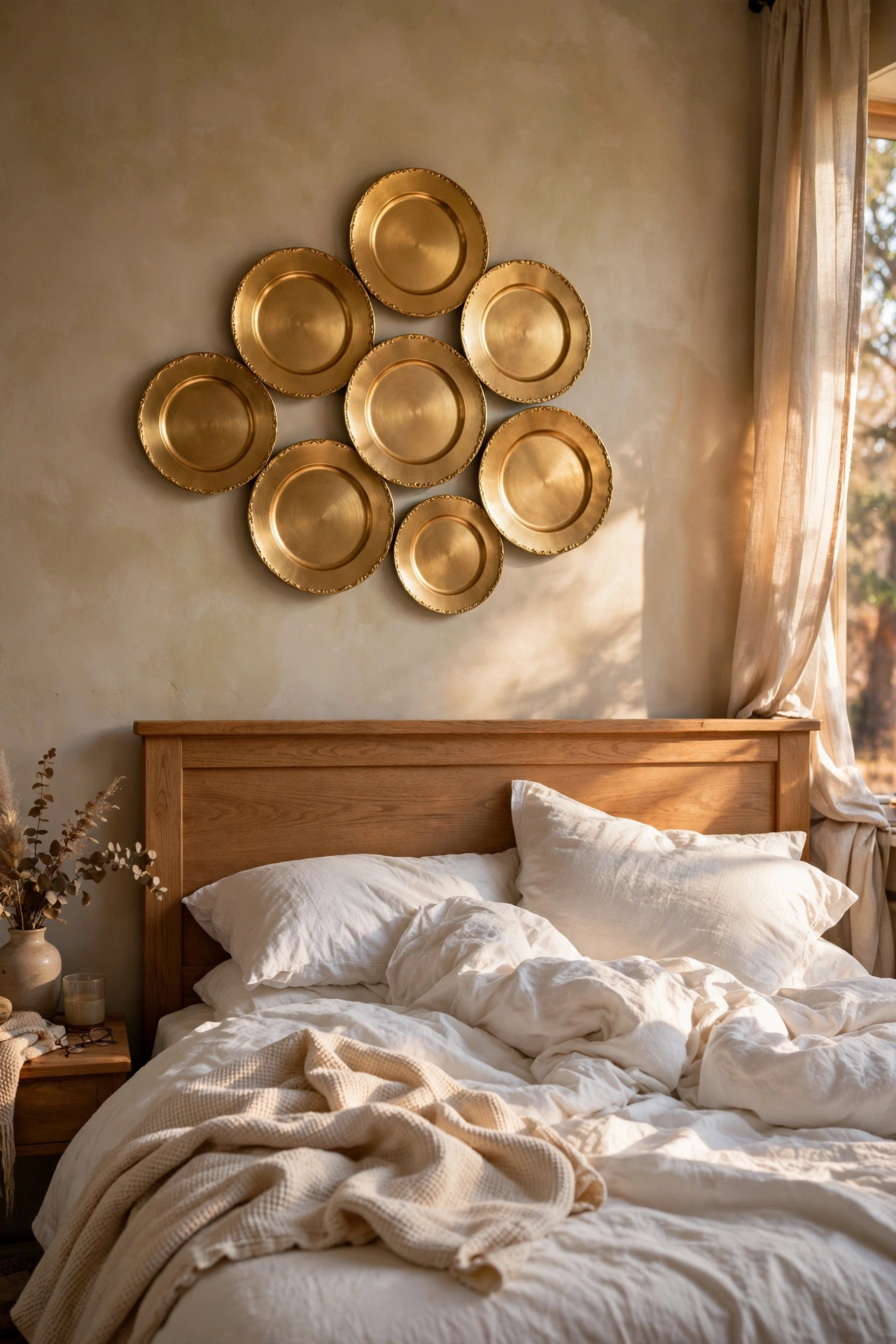 Gold charger plates arranged as wall decor above a bedroom headboard