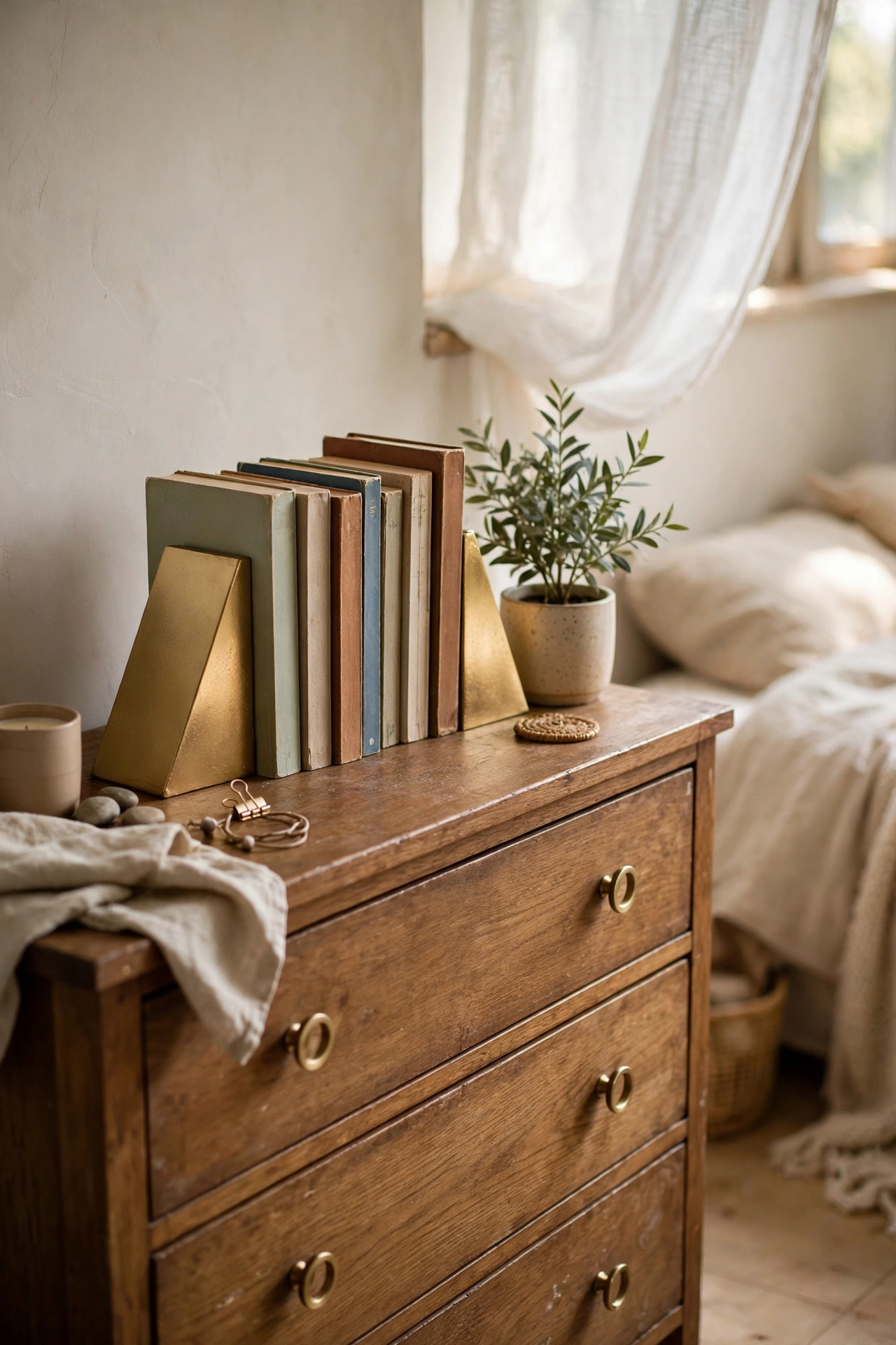 Gold painted bookends holding paperbacks on a bedroom dresser