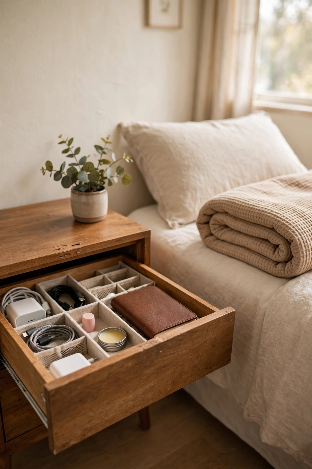 Drawer organisers inside an open bedroom nightstand drawer