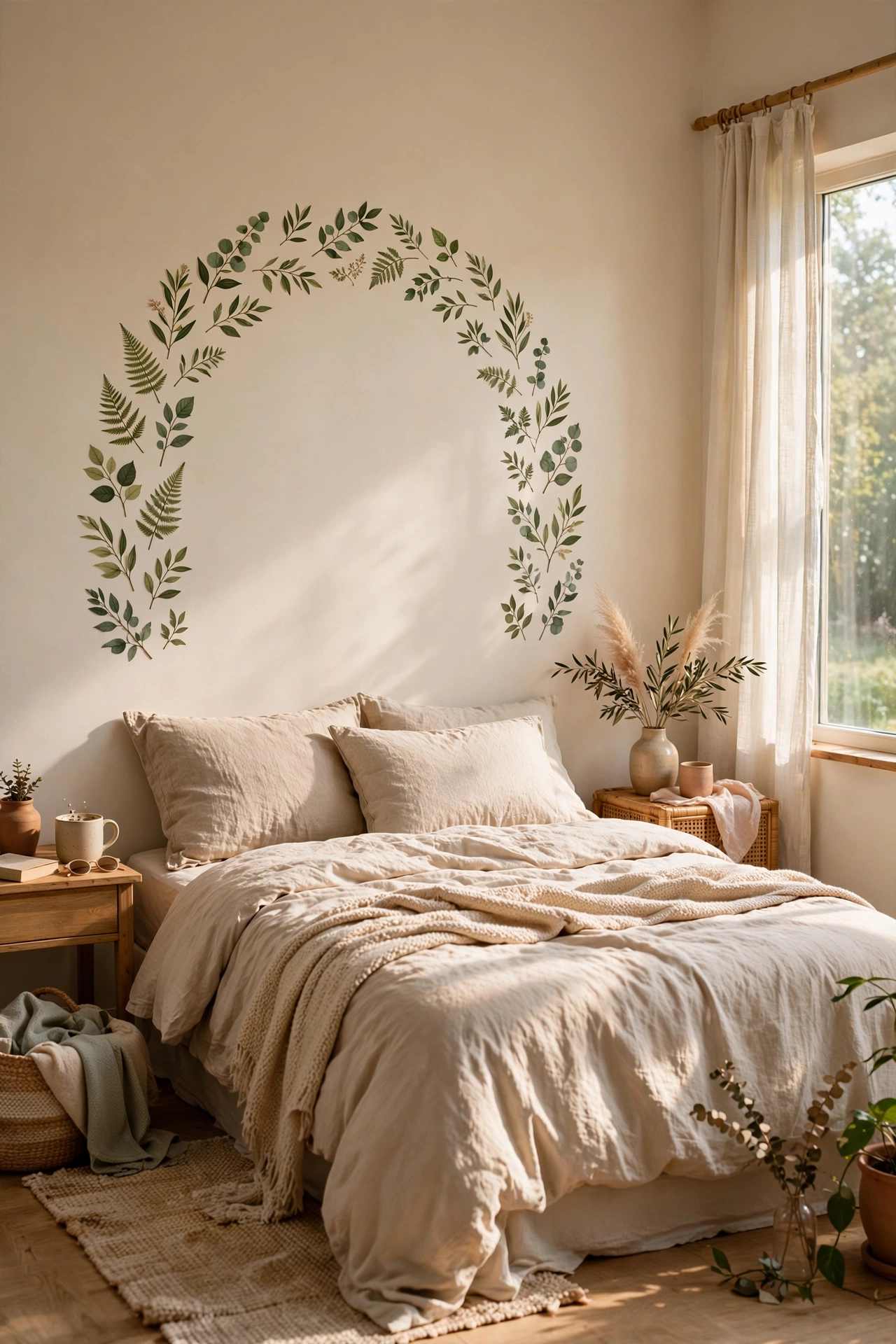Removable botanical wall decals in an arch above a bedroom bed