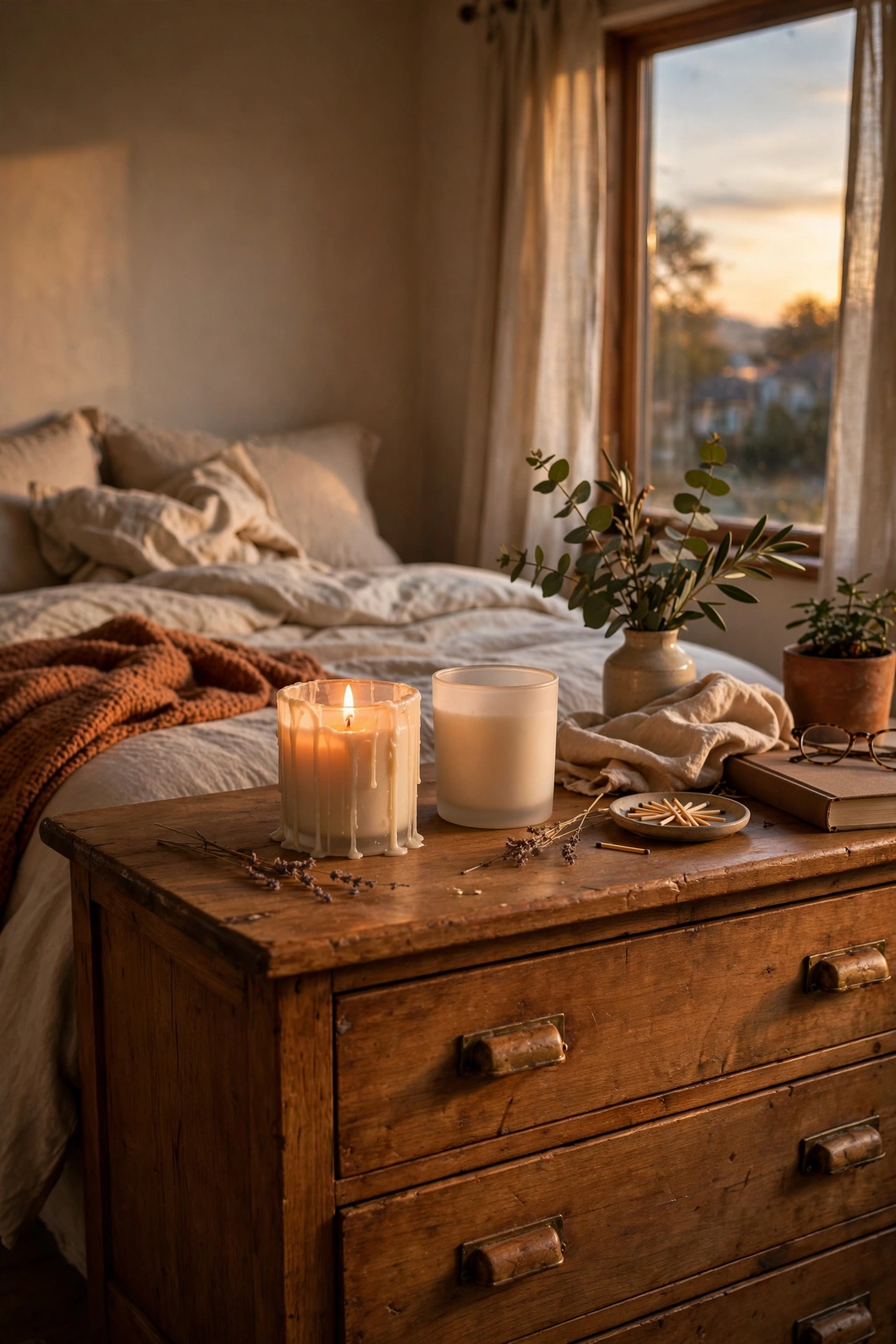 Two scented candles on a bedroom dresser, one lit