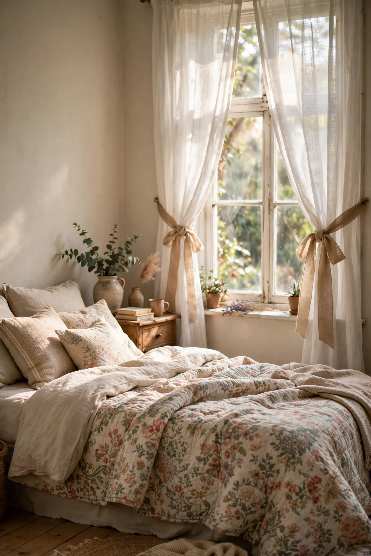 Ribbon tiebacks holding back bedroom curtains in a loose bow