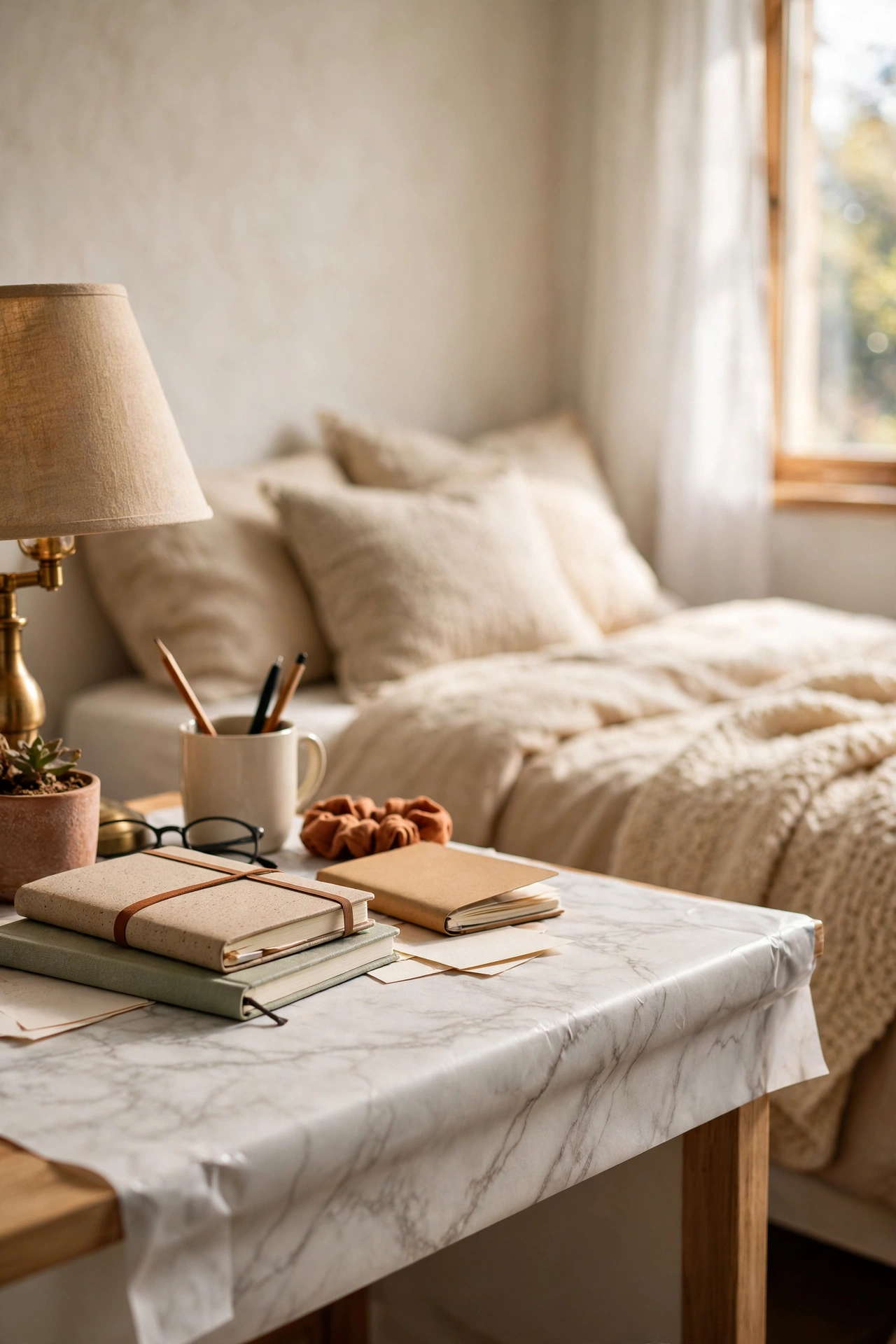 Bedroom desk refreshed with faux marble contact paper