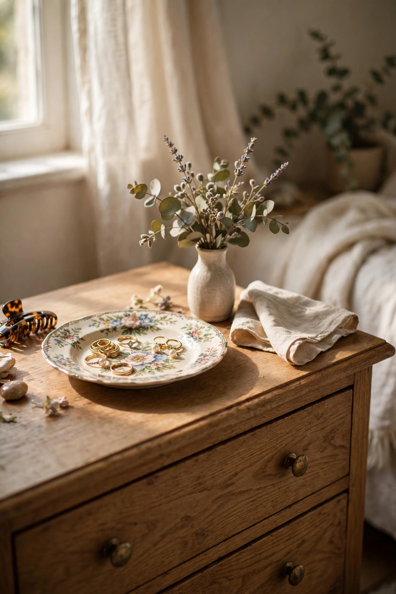 Floral ceramic soap dish used as a jewellery tray on a bedroom dresser