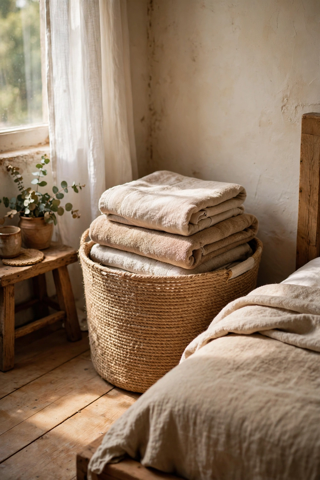 Laundry basket wrapped in jute rope in a bedroom corner