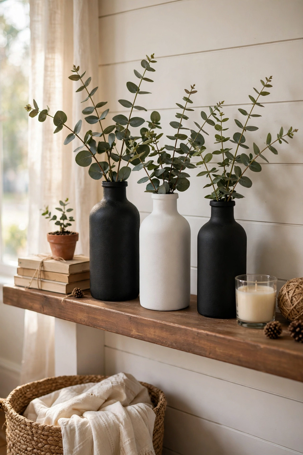 Living room decor under $25 with a Dollar Tree glass vase spray painted matte white