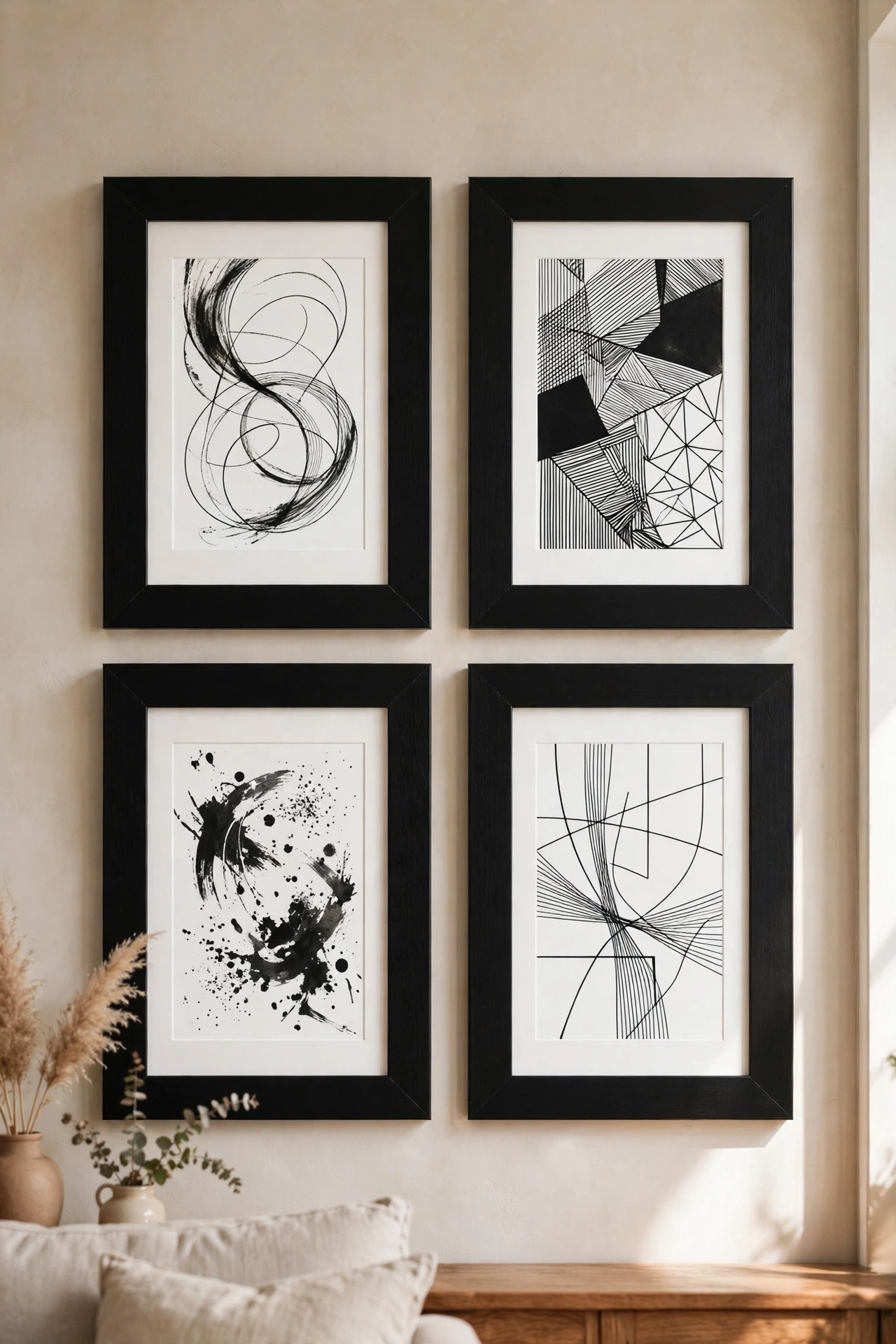 Budget living room gallery wall with four IKEA RIBBA frames in a grid under $25