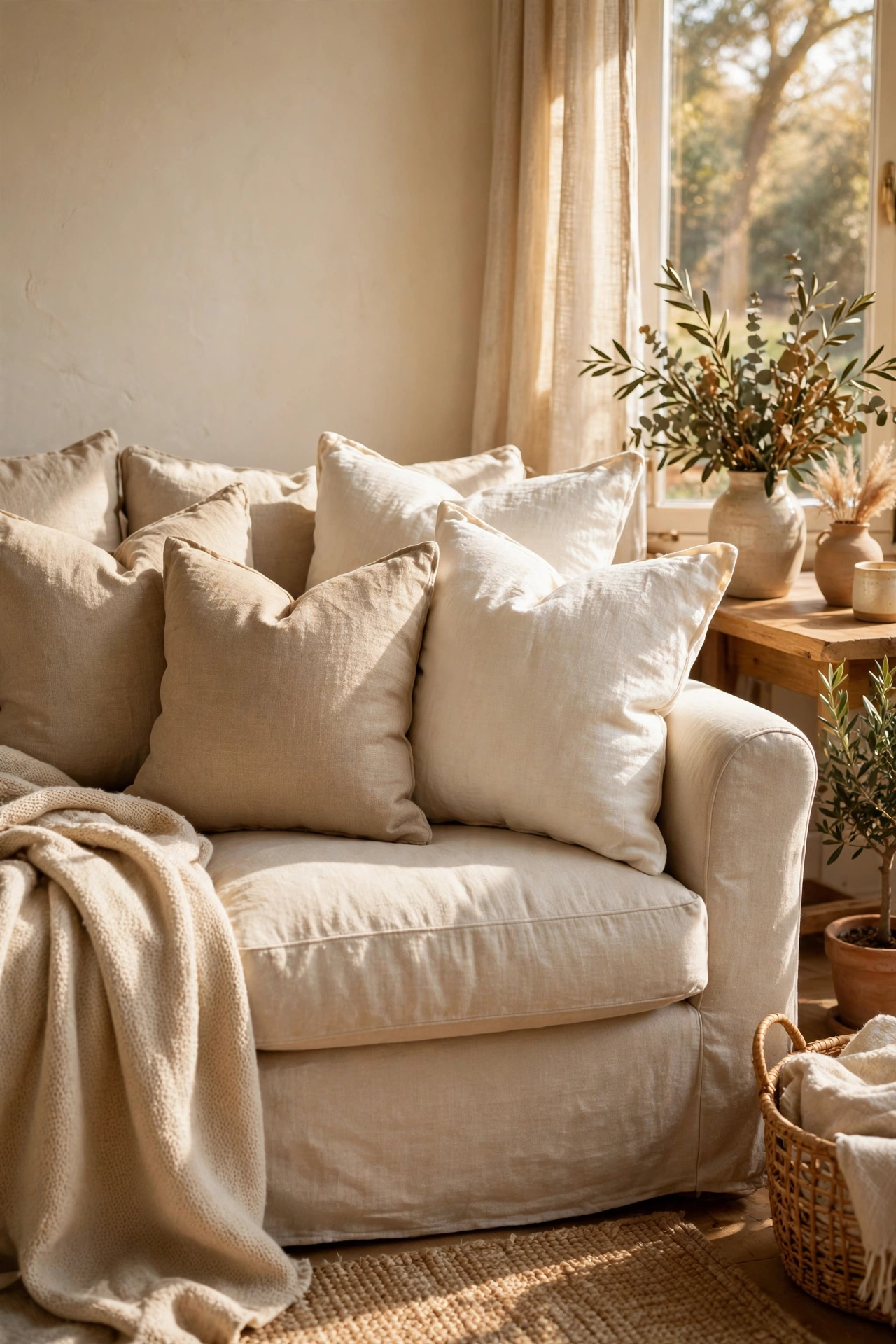 Living room sofa refreshed with affordable linen look pillow covers under $25