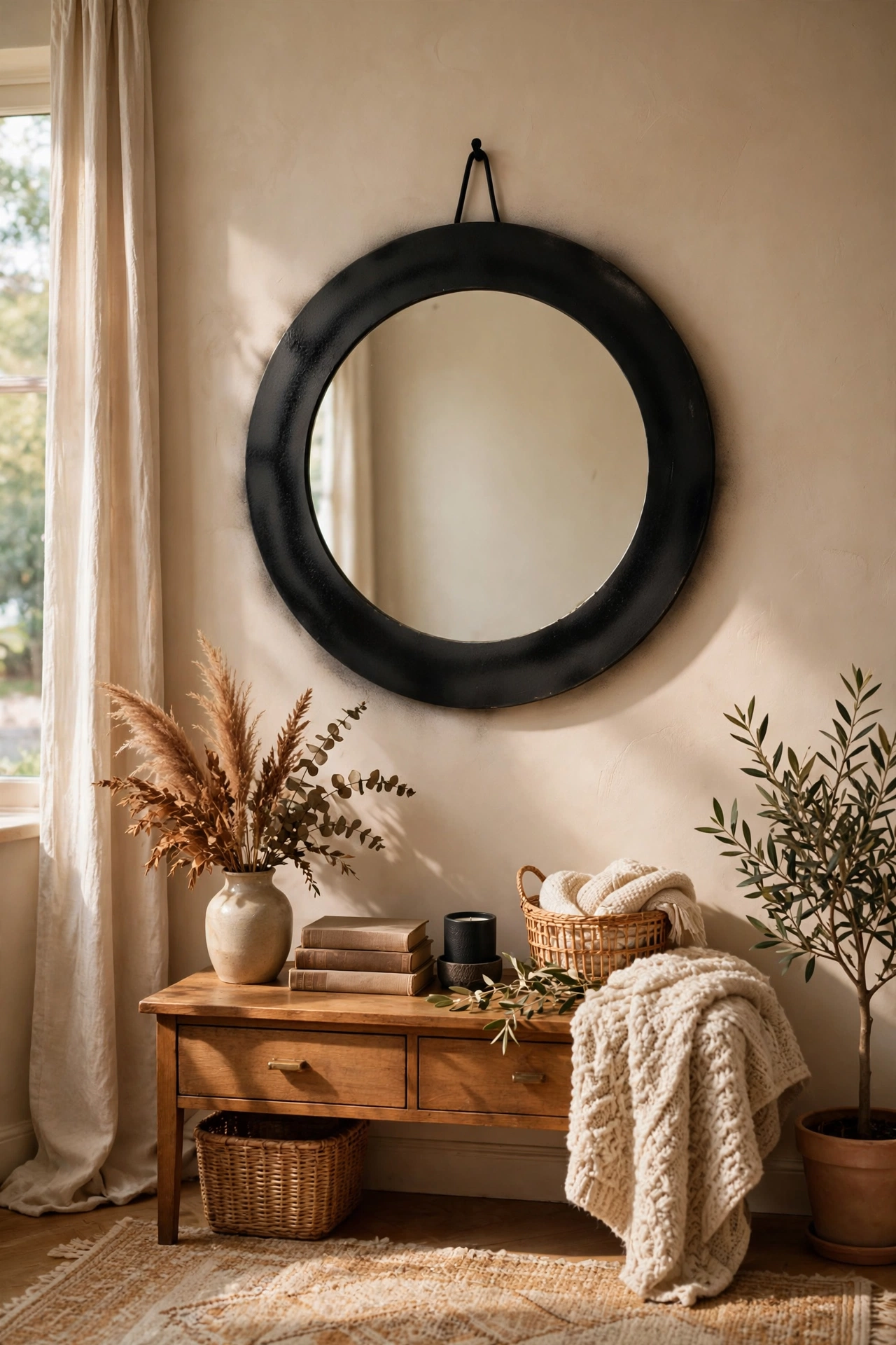 Thrifted round mirror with matte black spray painted frame in a budget living room