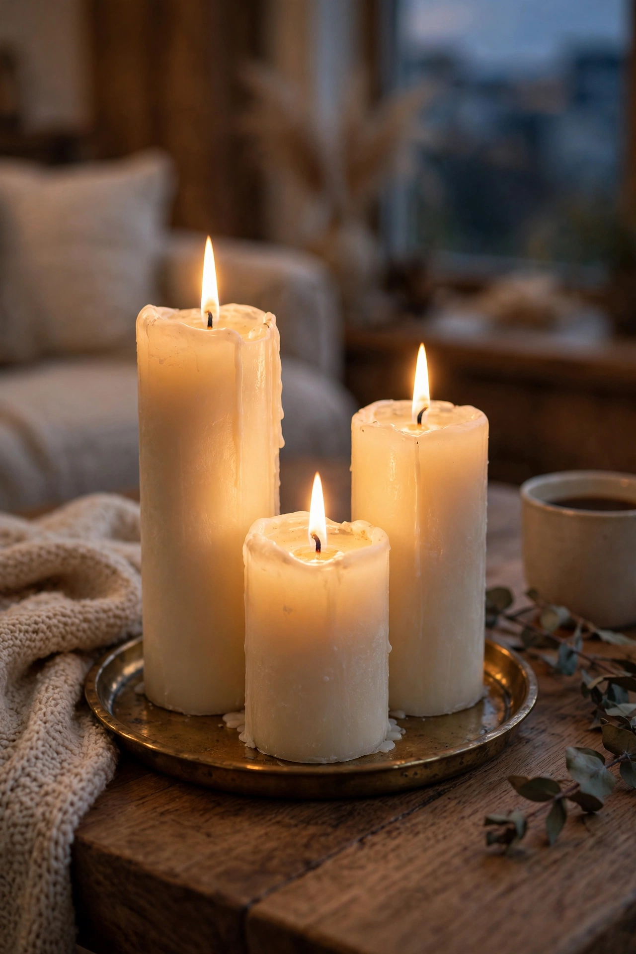 Affordable living room candle cluster with grocery store pillar candles on a brass tray