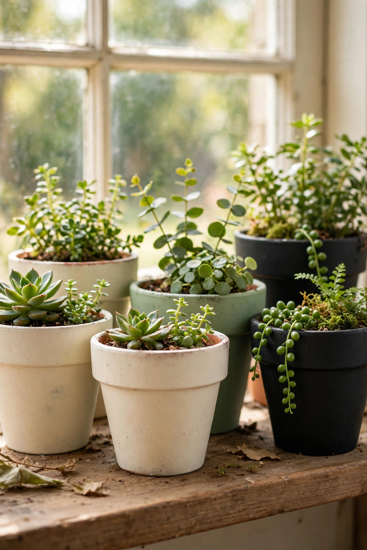 Budget living room plants in terracotta pots spray painted cream and sage