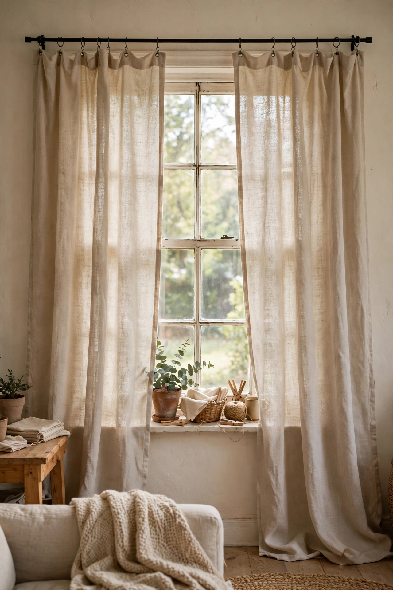 Cheap DIY curtain panels made from a canvas drop cloth in a living room