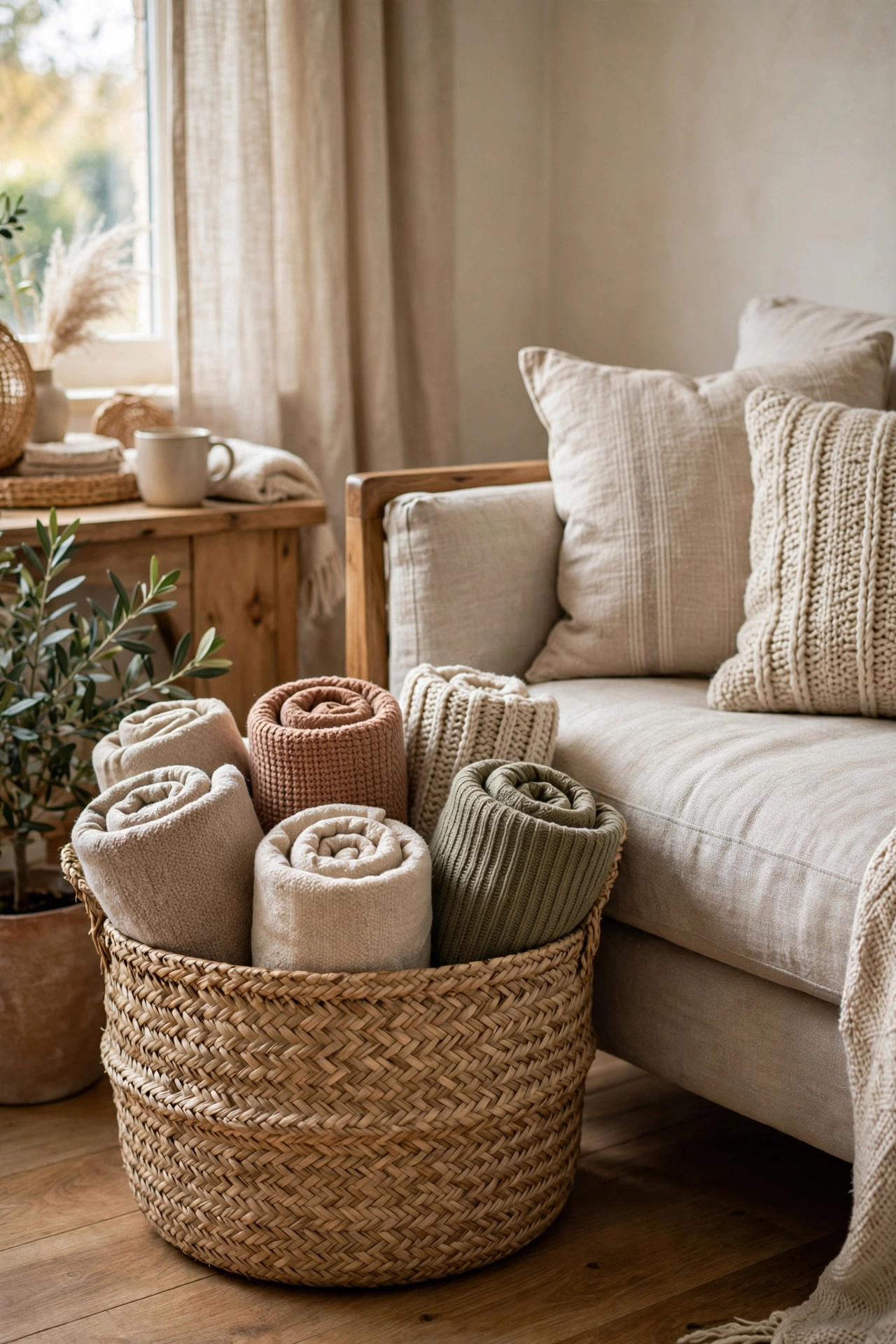 Large seagrass basket from clearance holding throw blankets in a living room