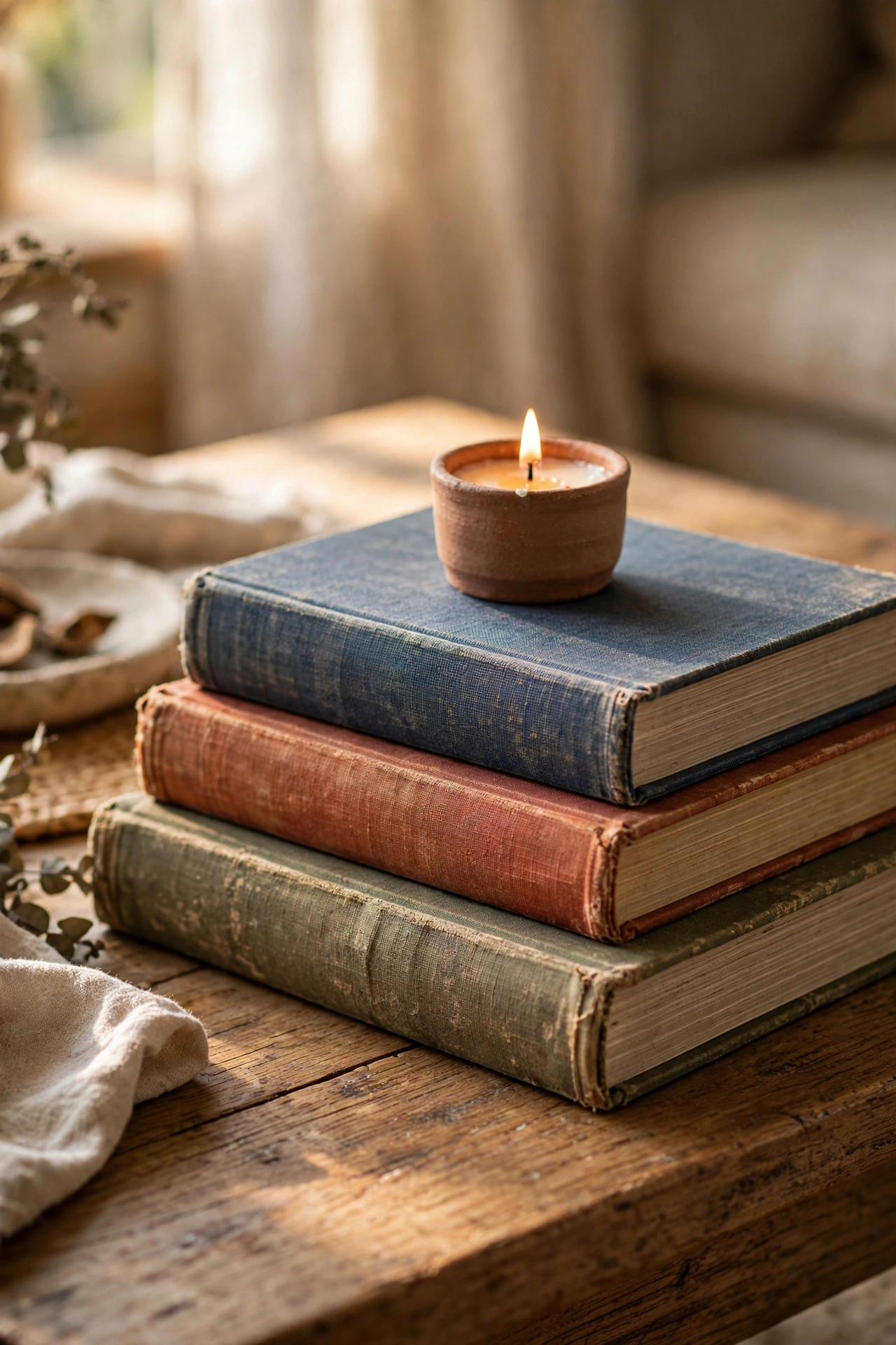 Budget living room coffee table styled with a stack of thrifted books