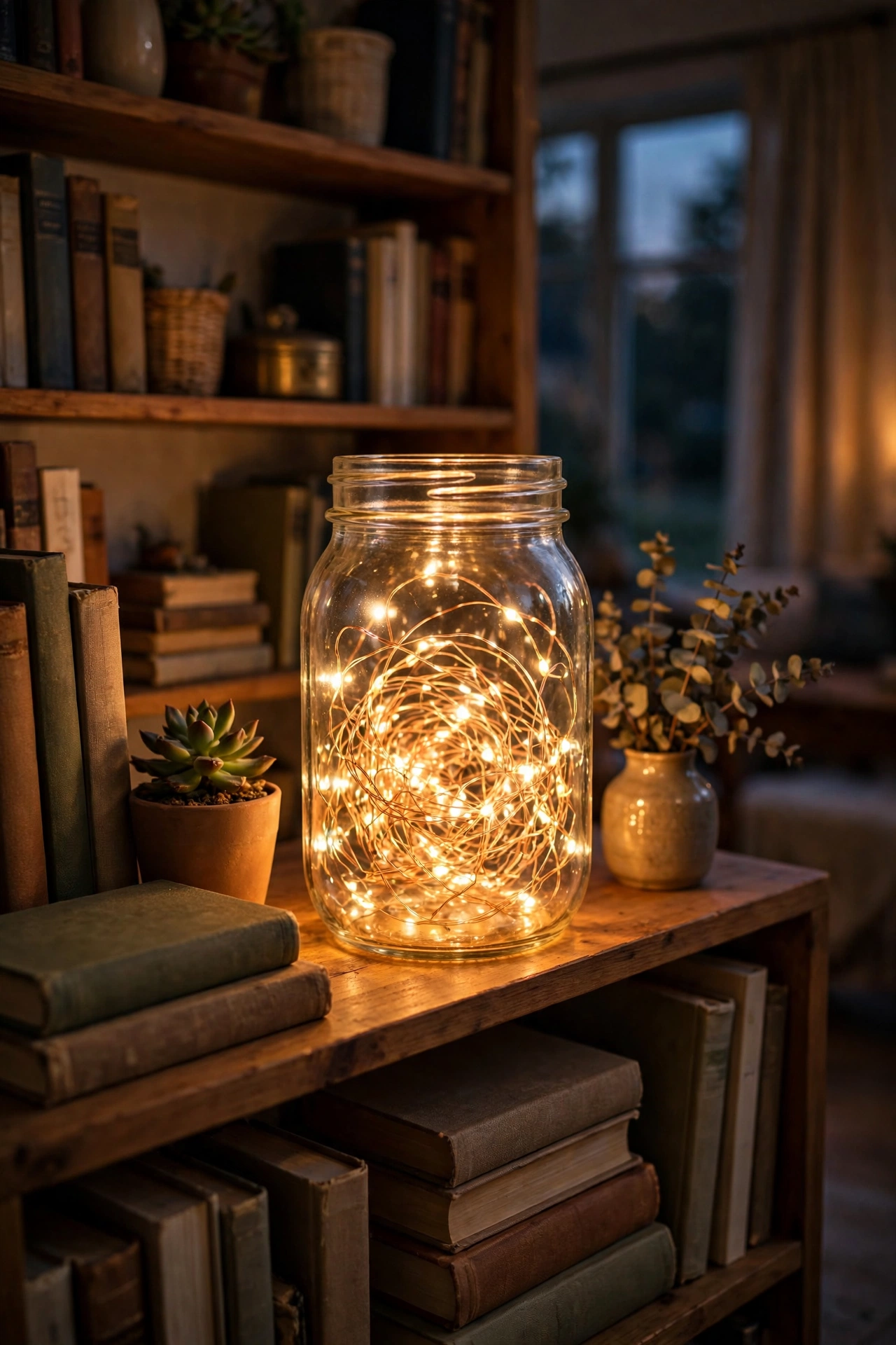 Fairy lights glowing in a mason jar on a living room bookshelf under $25 decor