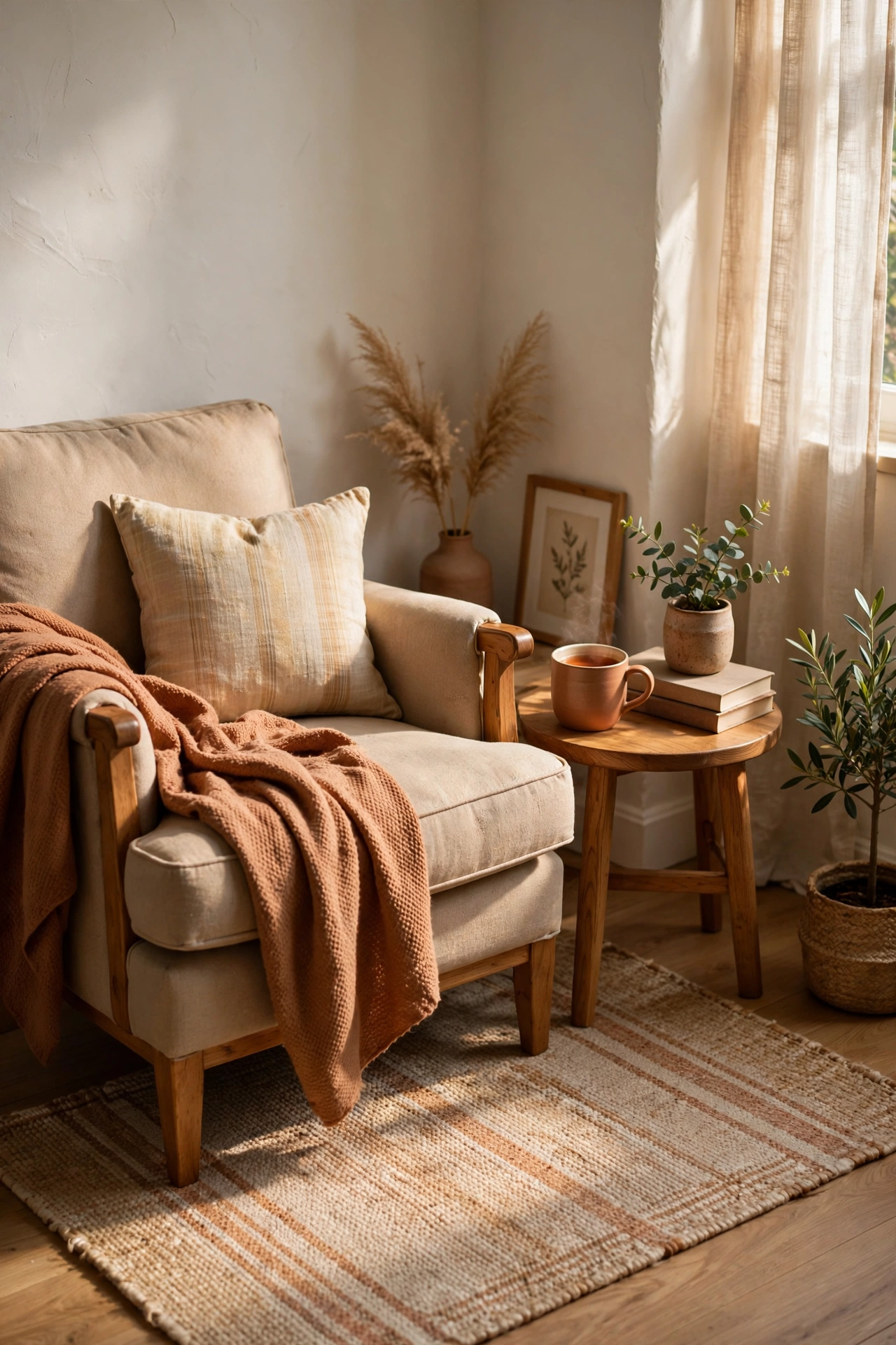 Small affordable 5x7 flatweave rug defining a reading corner under $25