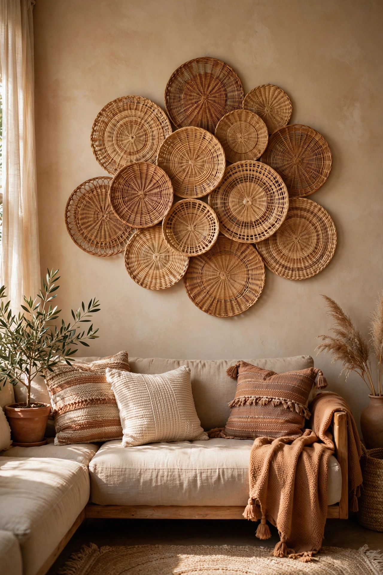 Woven placemats hung as budget boho wall art above a living room sofa