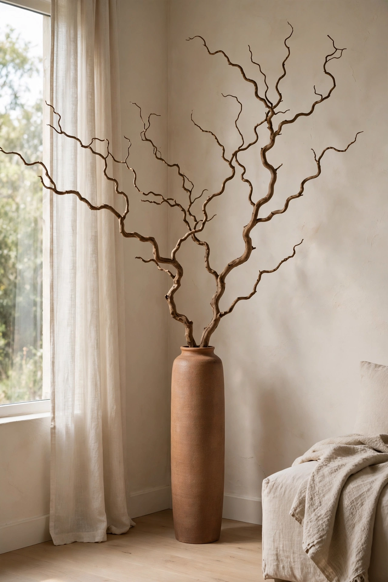 Free foraged branch in a tall vase as sculptural living room decor