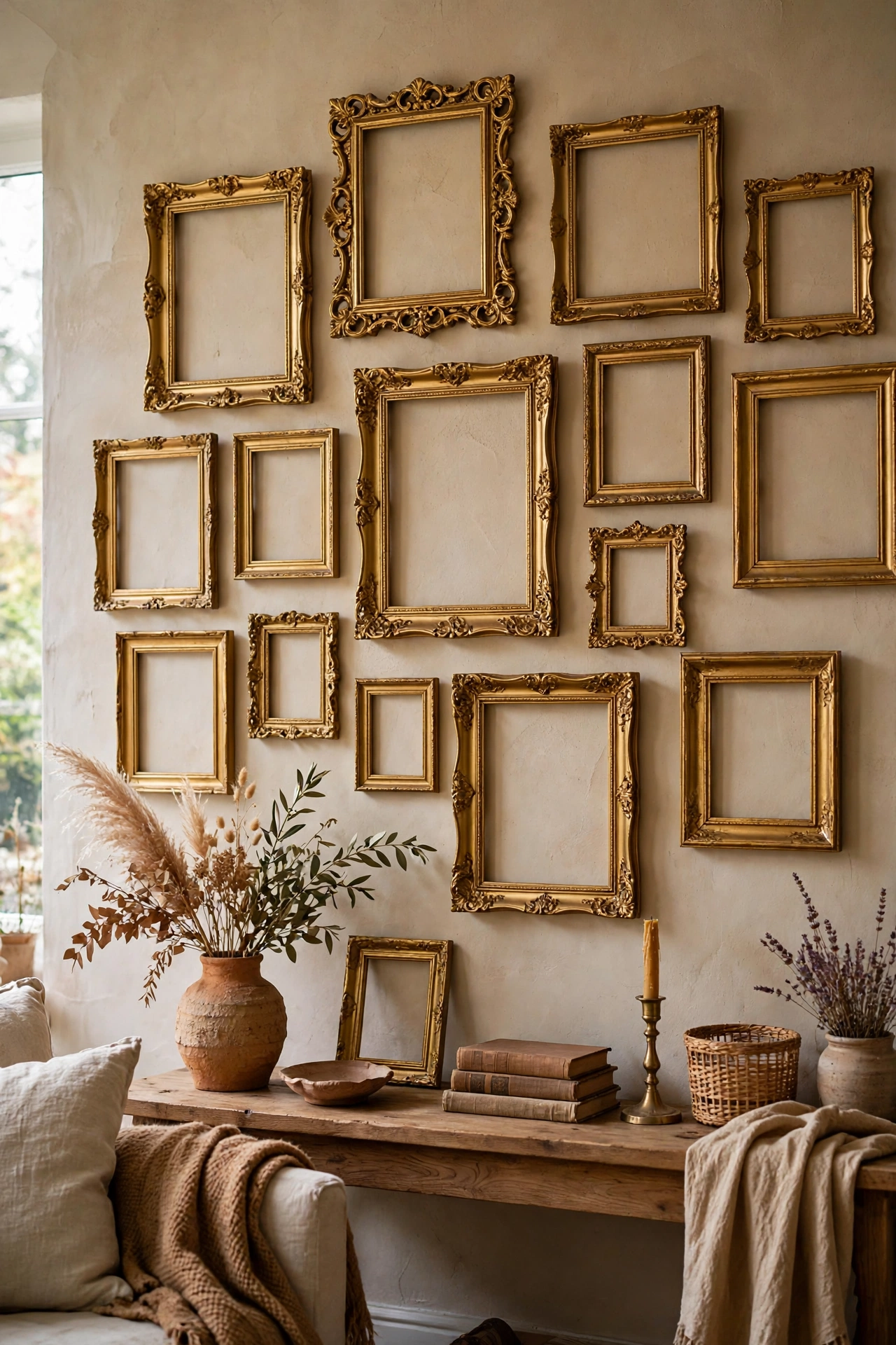 Mismatched thrifted frames spray painted gold for a budget gallery wall