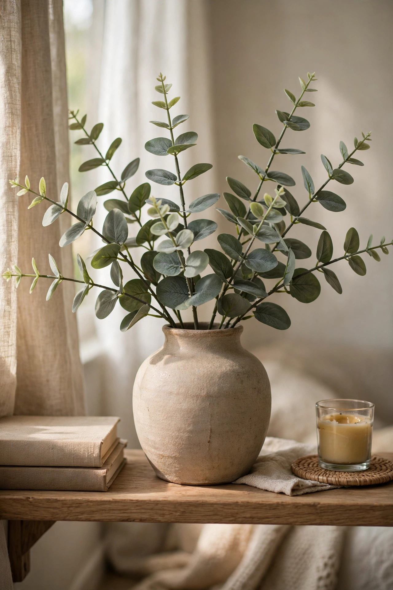 Affordable faux eucalyptus stems arranged in a vase in a living room