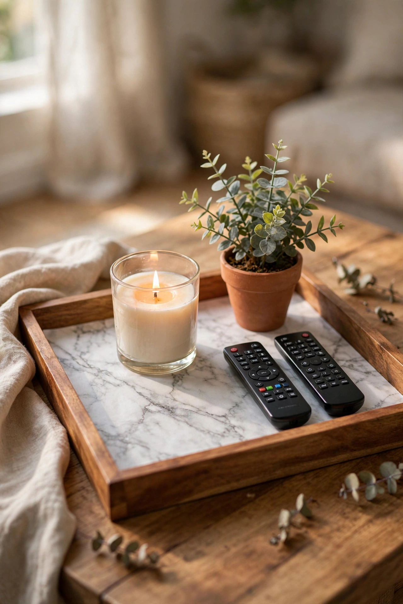 Thrifted wooden tray wrapped in marble contact paper on a coffee table