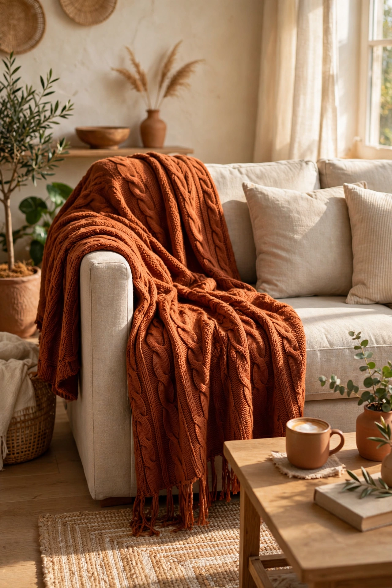 Target clearance throw blanket in rust draped over a living room sofa
