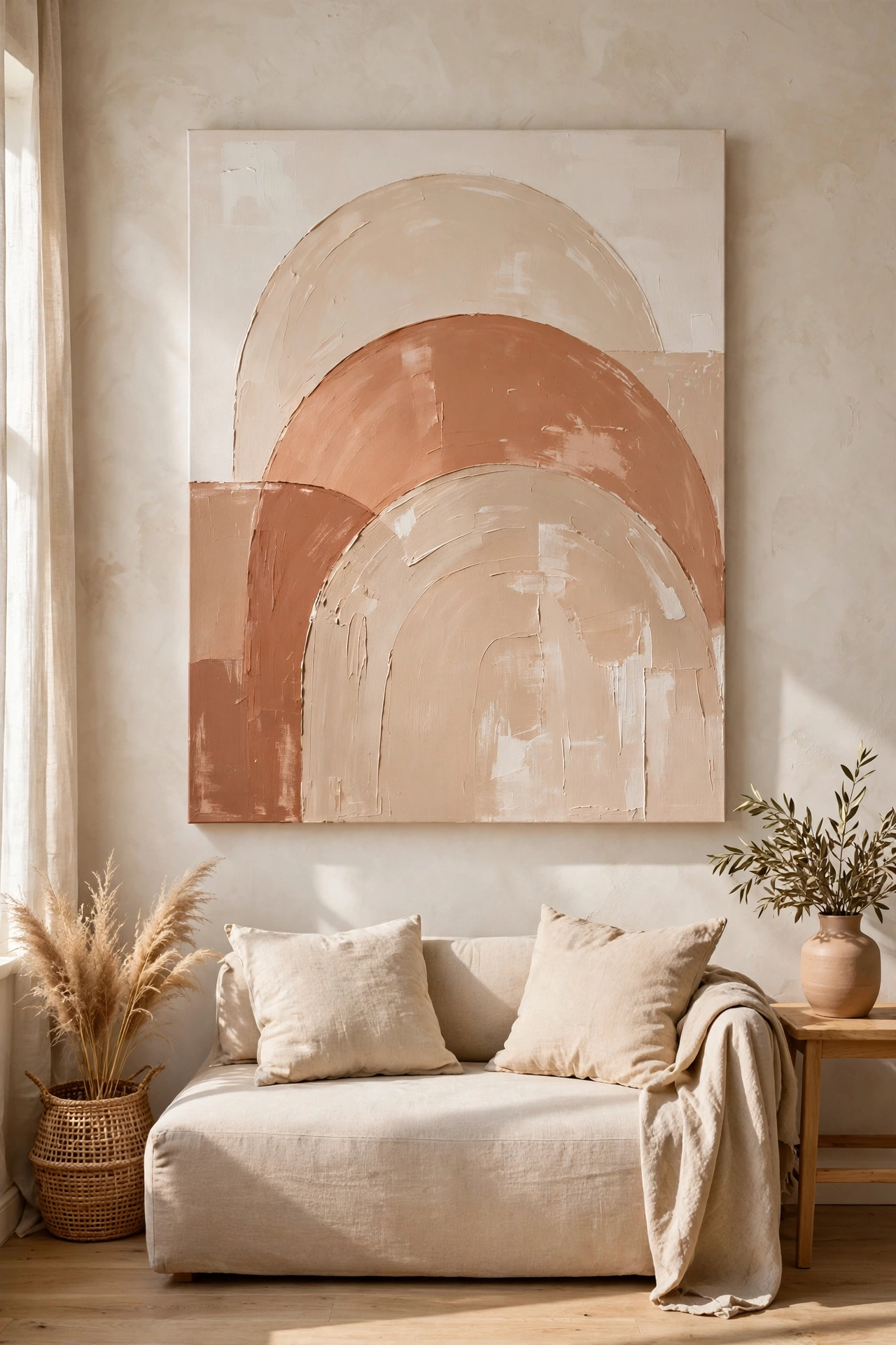 DIY abstract canvas art in beige and terracotta above a budget sofa
