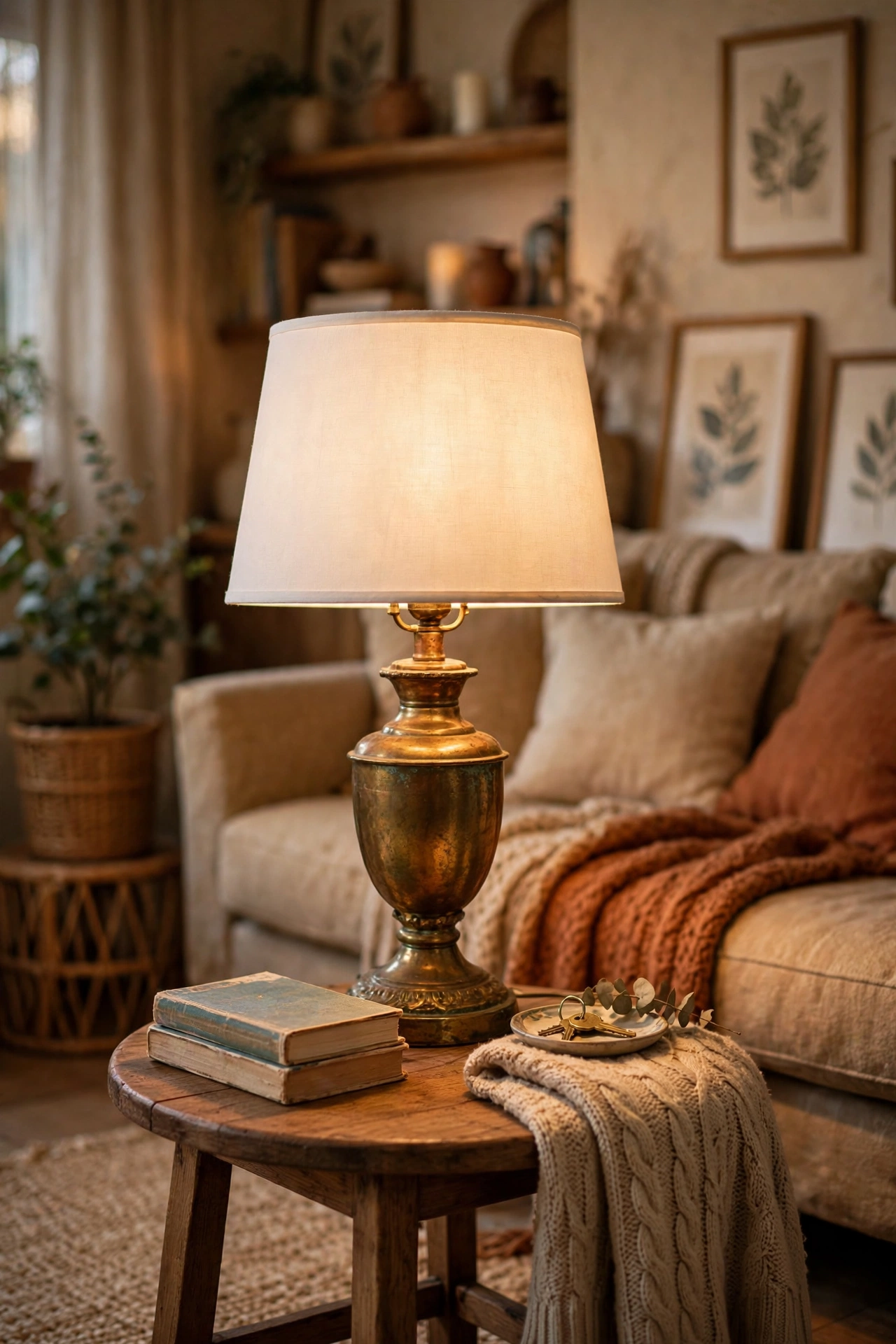 Thrifted brass lamp with a new drum shade in a budget living room under $25