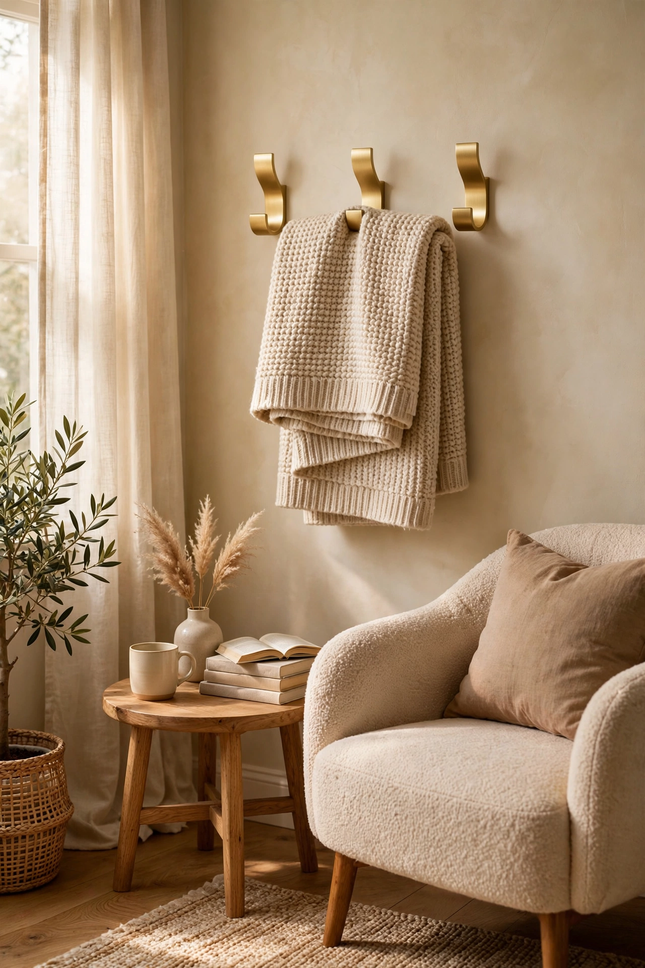 Brushed gold adhesive hooks holding a folded throw blanket by a reading chair