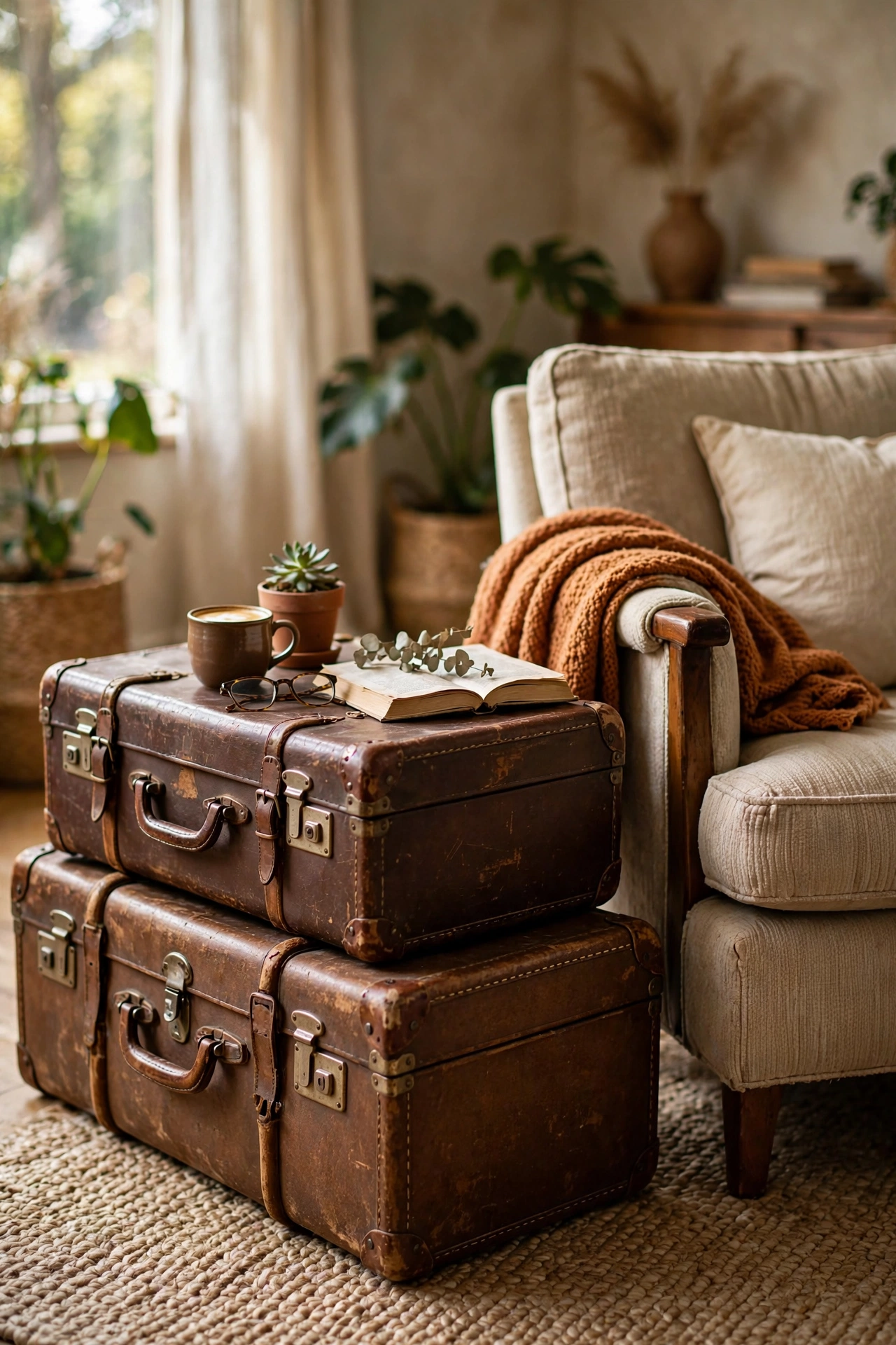 Vintage suitcases stacked as a side table in a budget living room