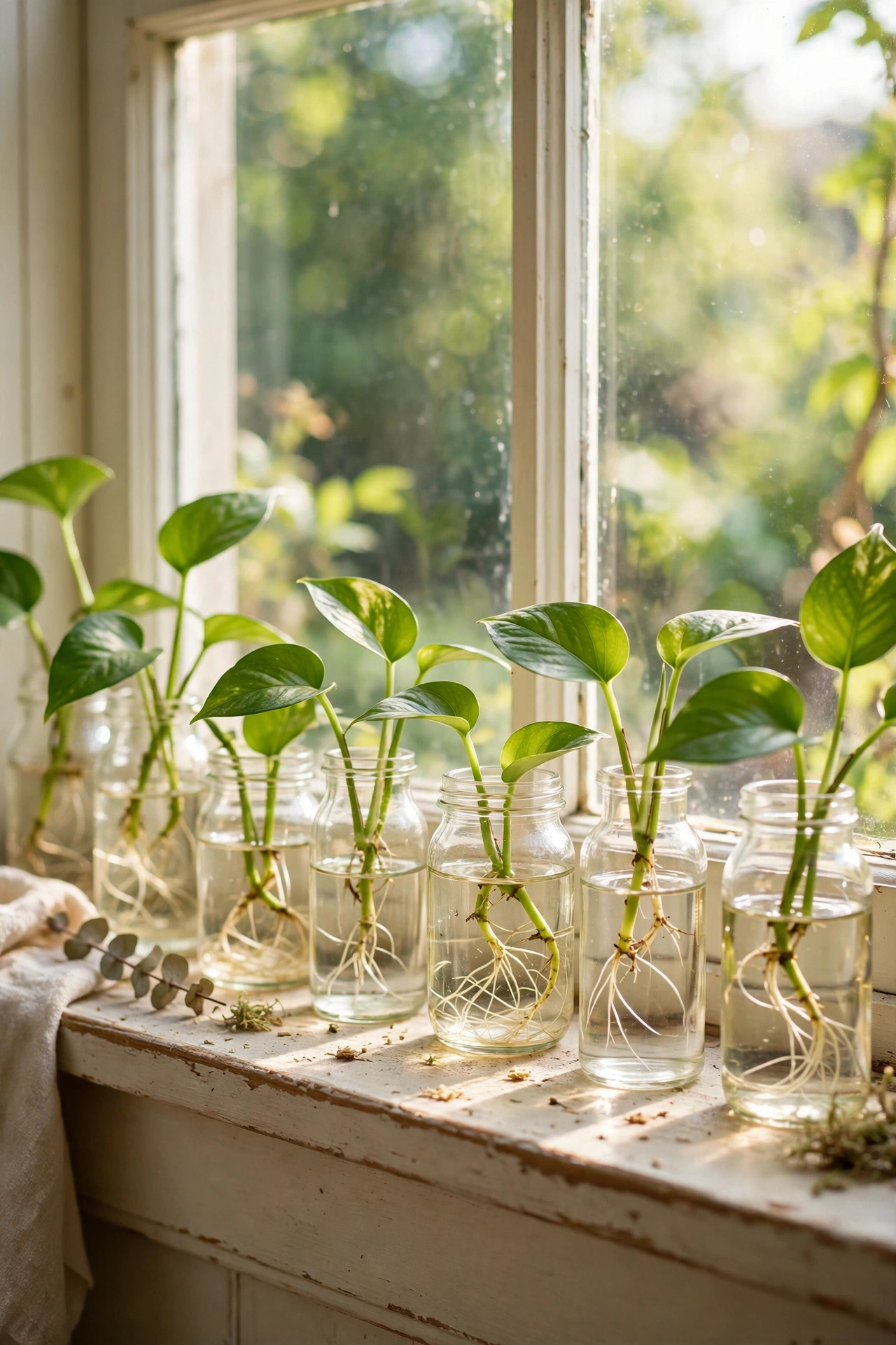 Pothos cuttings rooting in glass jars on a sunny windowsill propagation station