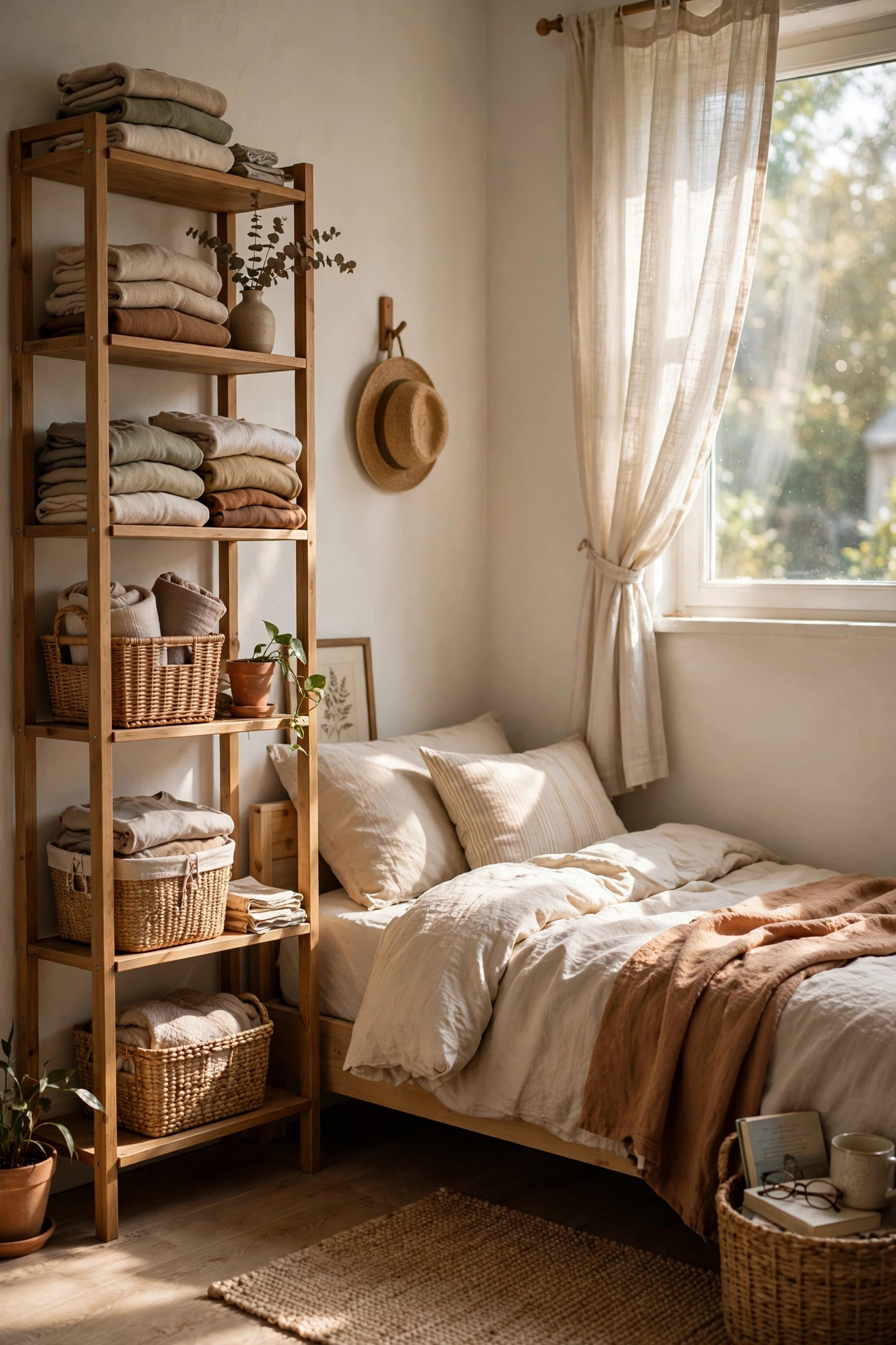 Tall narrow shelving unit used as a wardrobe in a small bedroom