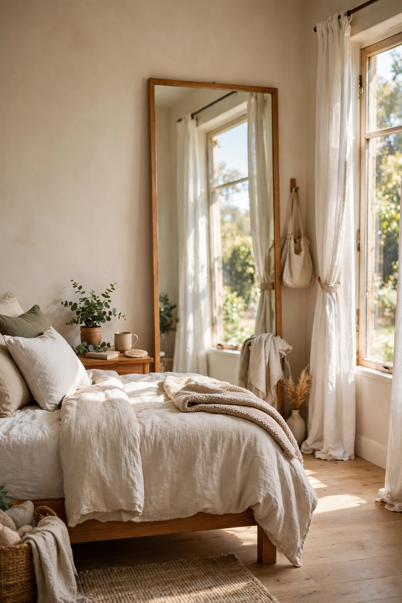 Full-length mirror hung opposite a bedroom window reflecting daylight