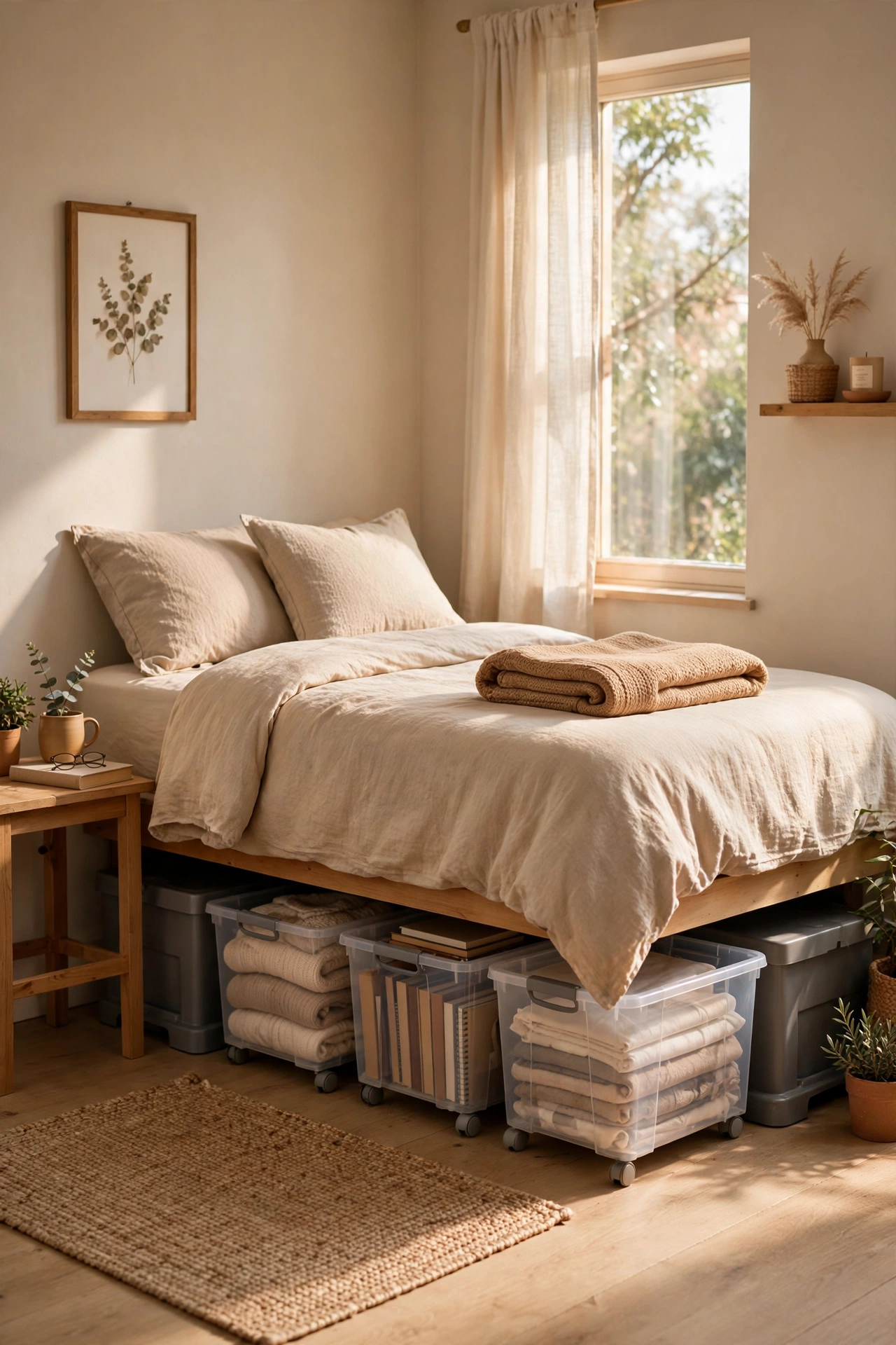 Raised bed with storage bins underneath in a small bedroom