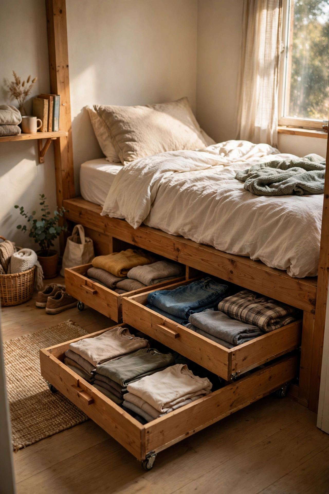 Rolling under-bed drawers pulled out in a small bedroom