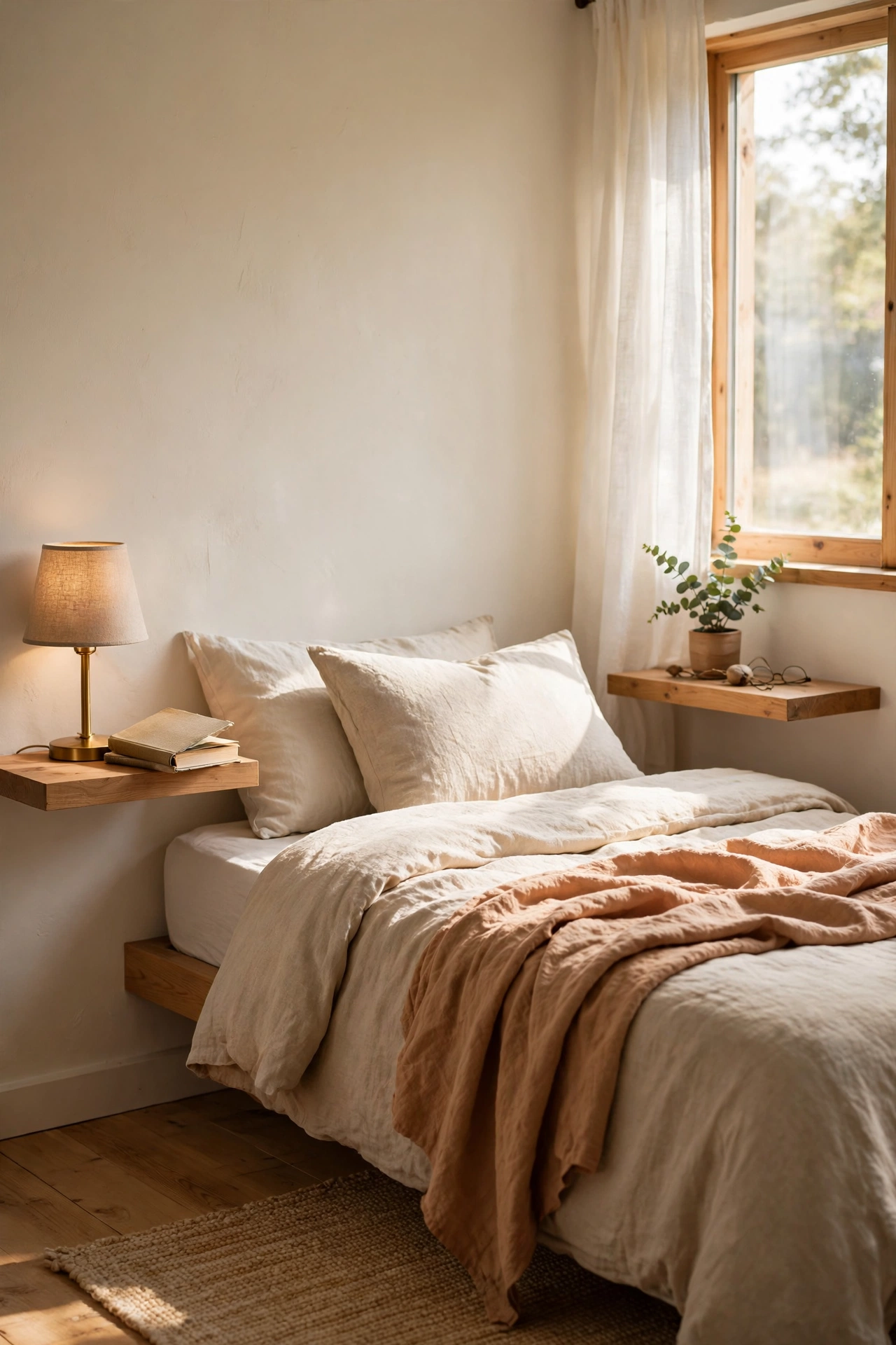 Wall-mounted floating nightstand shelves beside a small bedroom bed