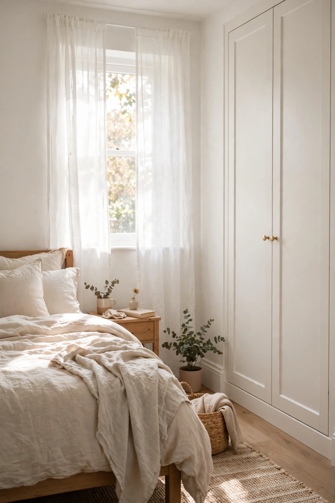 Small bedroom painted in one light colour with white bedding