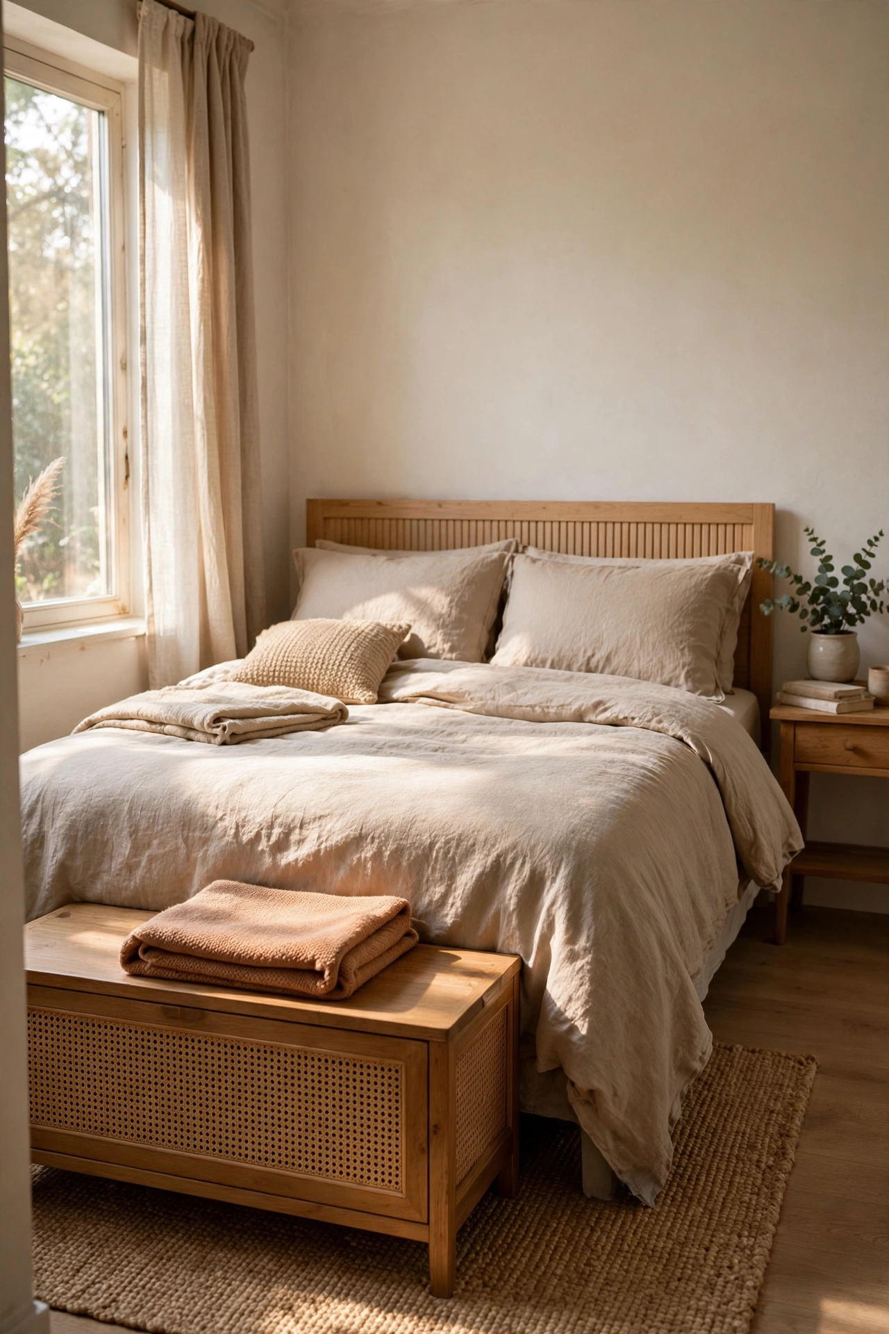 Storage bench with lift-up lid at the foot of a small bedroom bed