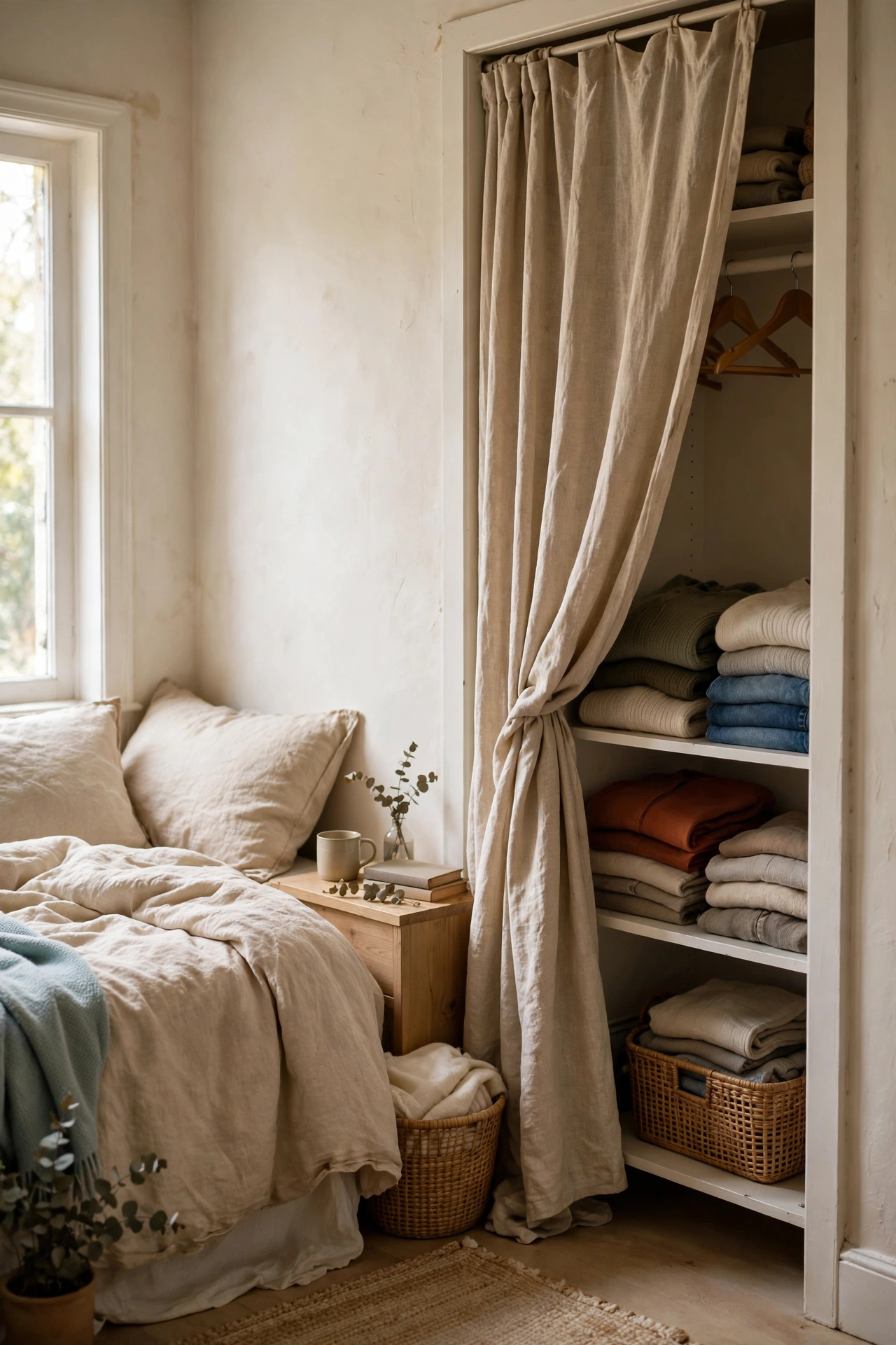 Linen curtain hung in place of closet doors in a small bedroom
