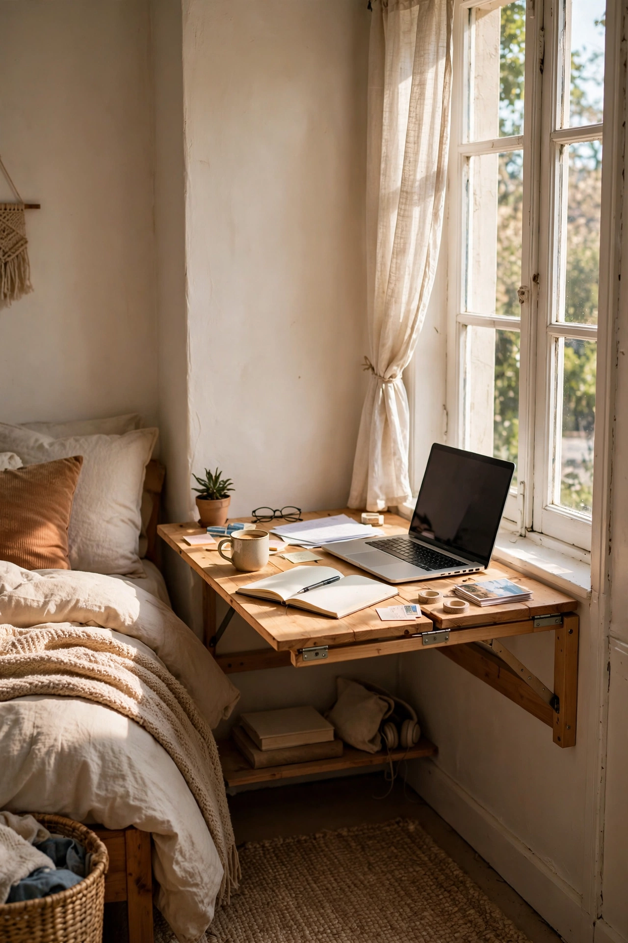 Fold-down wall desk in the corner of a small bedroom