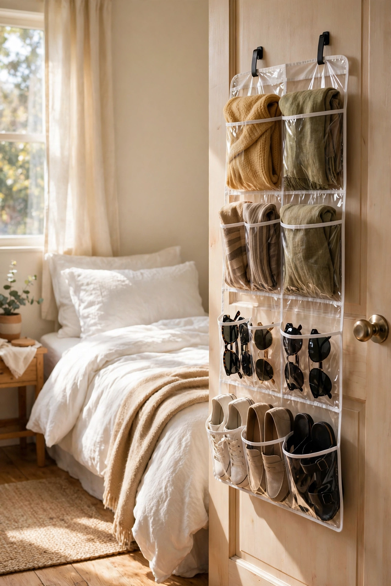Clear over-the-door organiser with shoes and accessories in a small bedroom