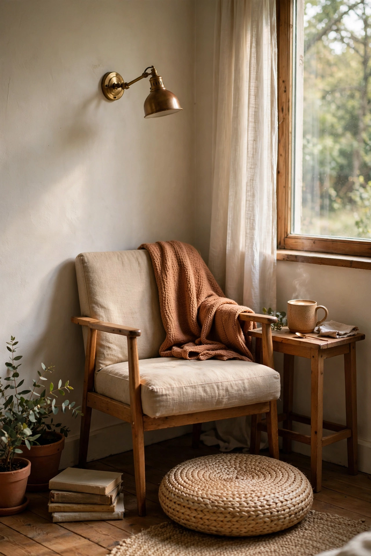 Small reading nook with a slim armchair in a bedroom corner