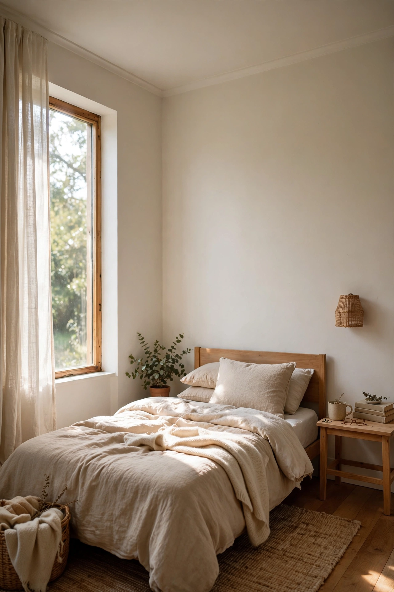 Small bedroom with a softly painted ceiling in warm white