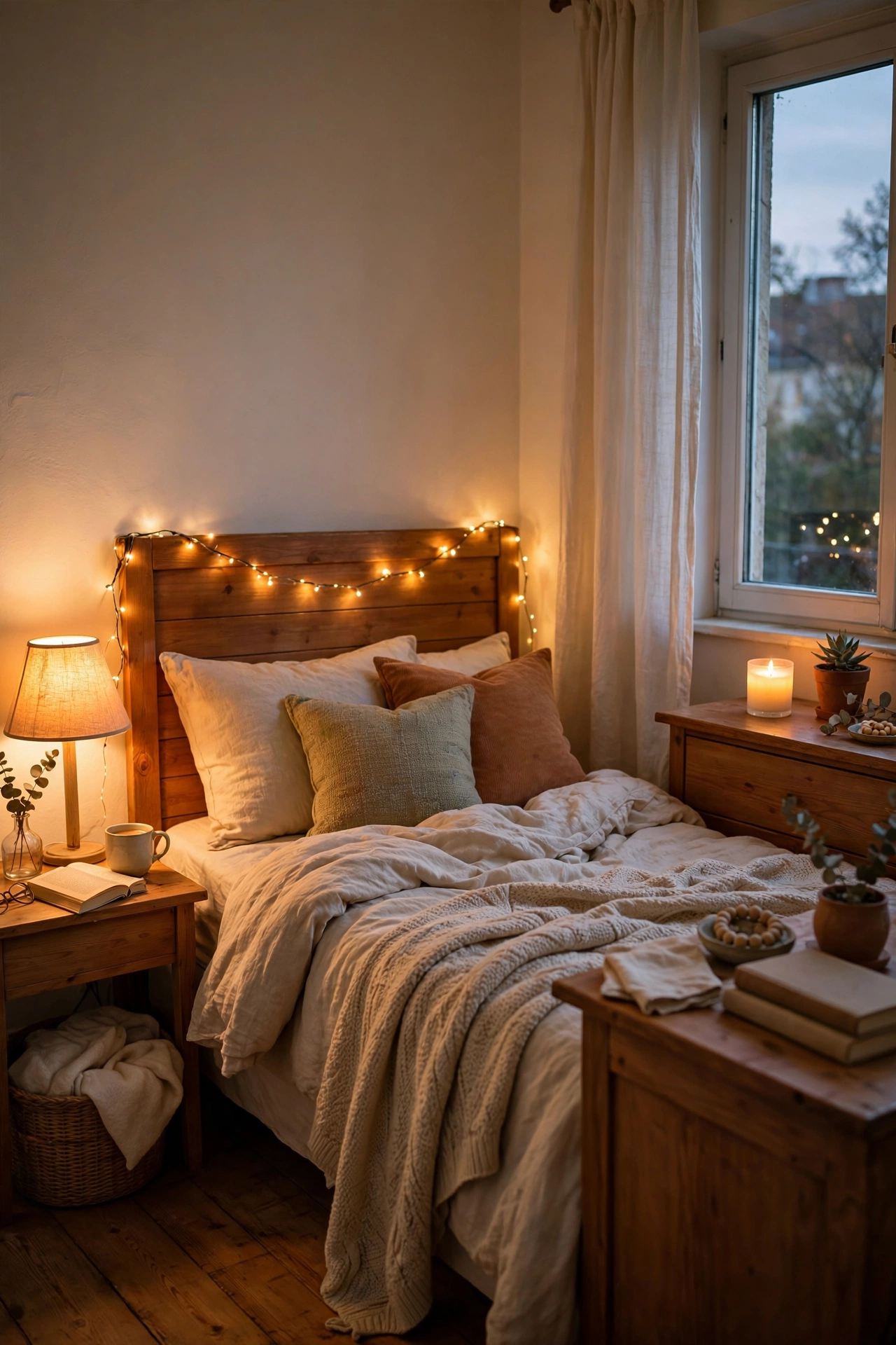 Small bedroom with layered lighting: lamp, fairy lights and LED candle