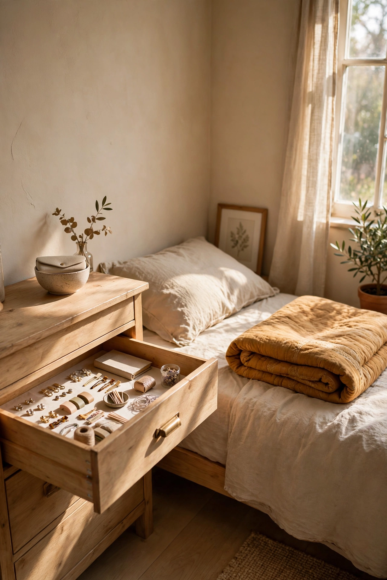 Open bedroom drawer neatly containing small everyday items