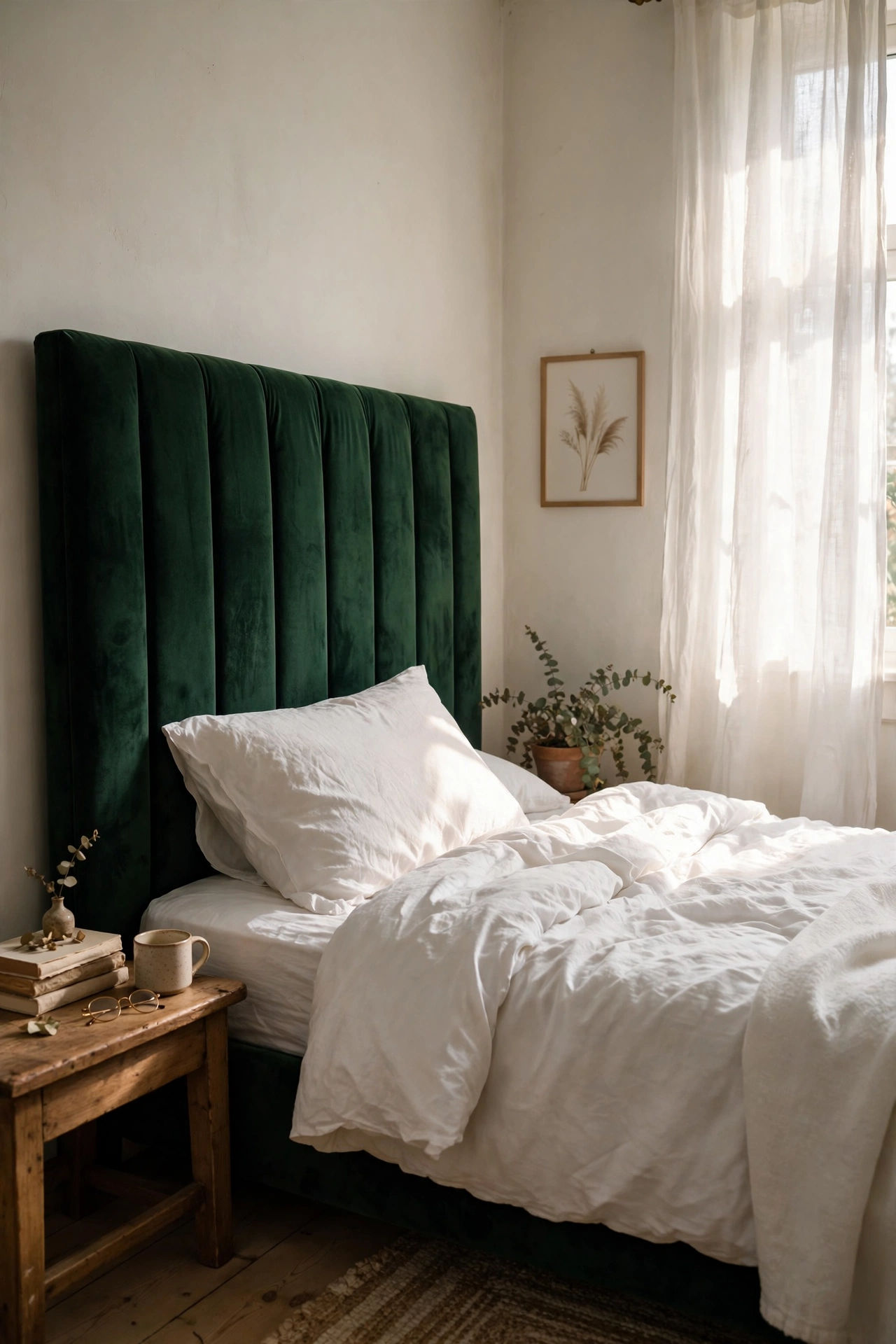 Bold green velvet headboard with quiet white bedding in a small bedroom