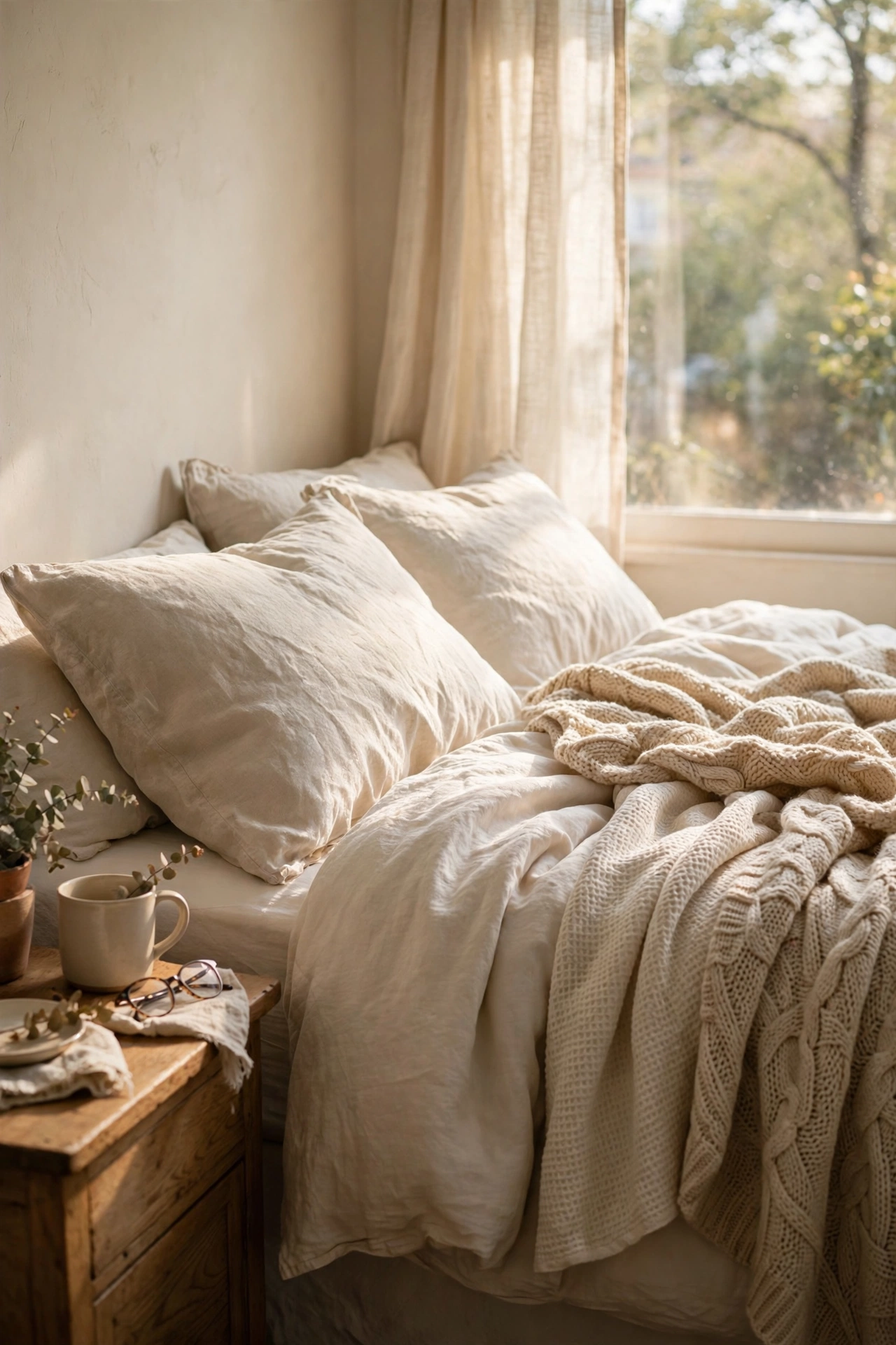 Bed layered with warm white duvet, waffle blanket and textured shams