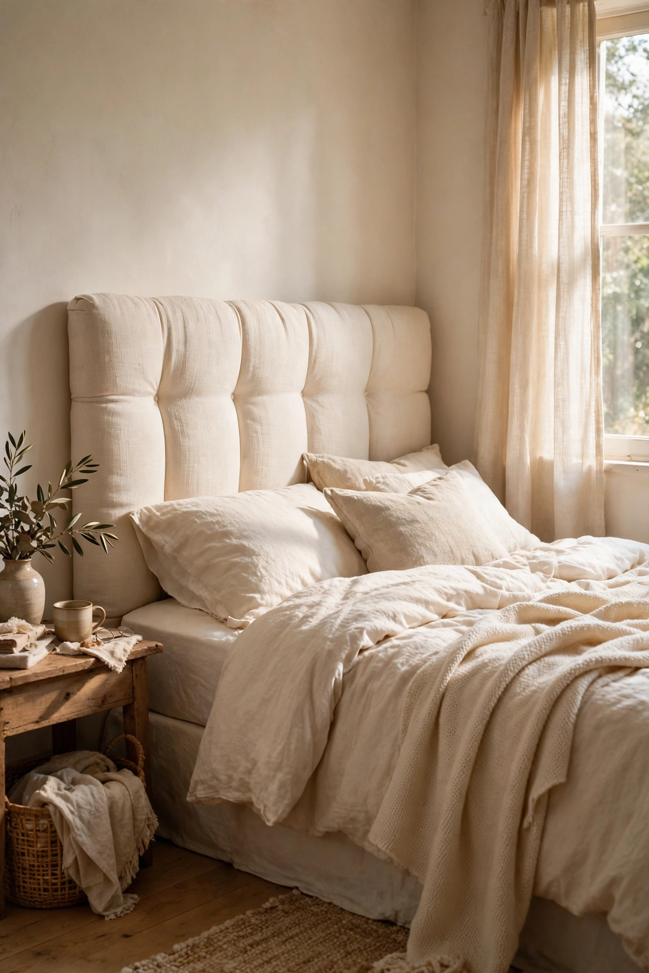 DIY upholstered headboard in ivory fabric behind a warm white bed